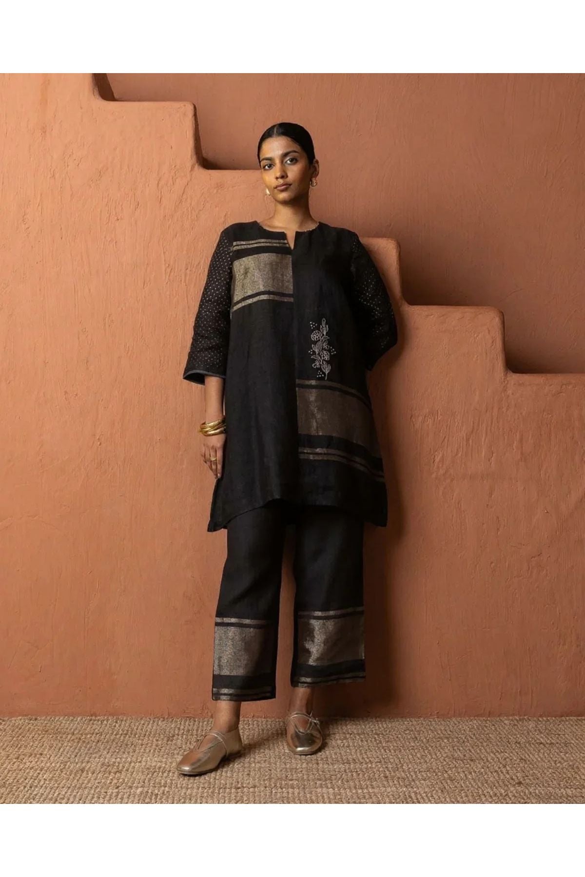 Black Metallic Accents Textured Linen Co-ord Set - Mokshaa