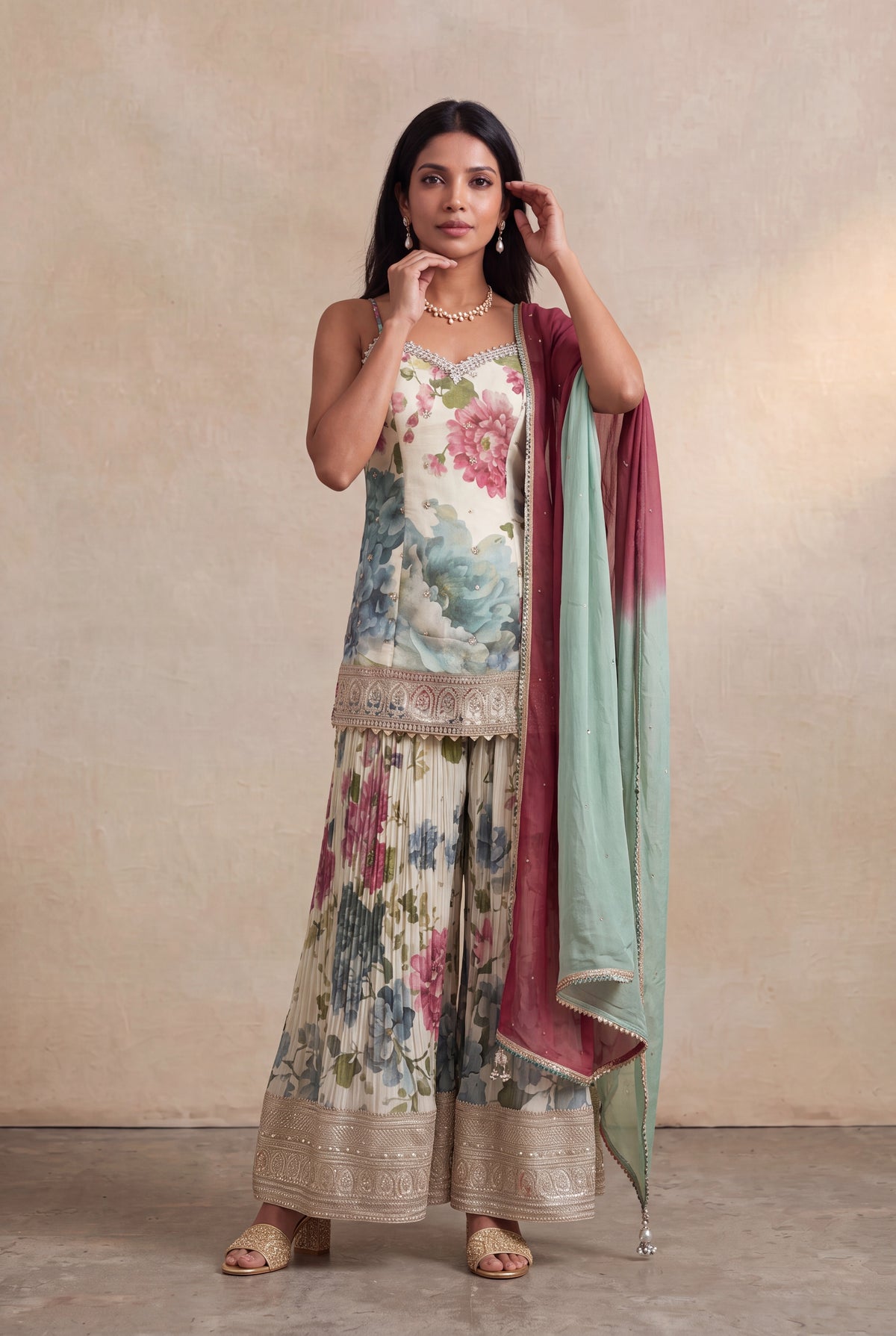 Ivory Floral Printed Tissue Sharara Set with Zari Border