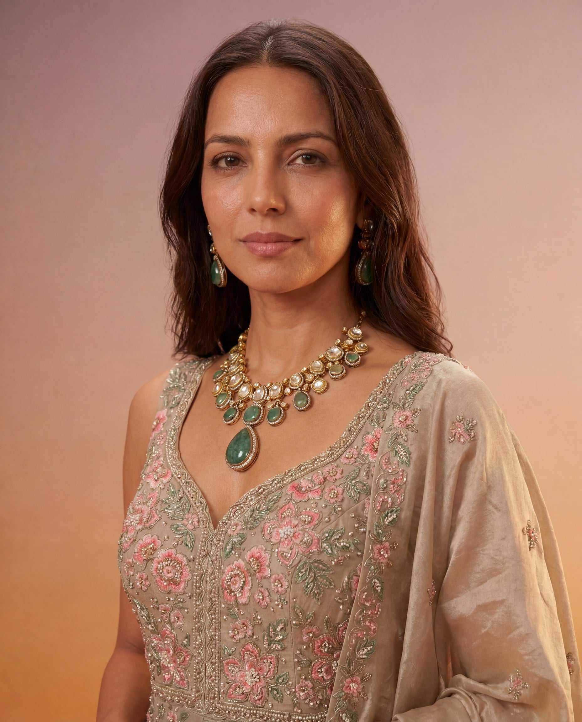 Champagne Beige Tissue Silk Indo-Western Lehenga