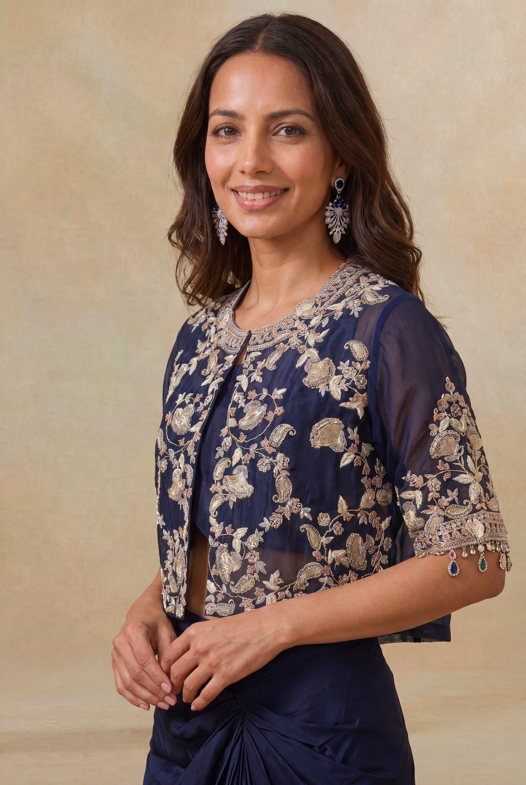 Navy Blue Embroidered Silk Indo-Western