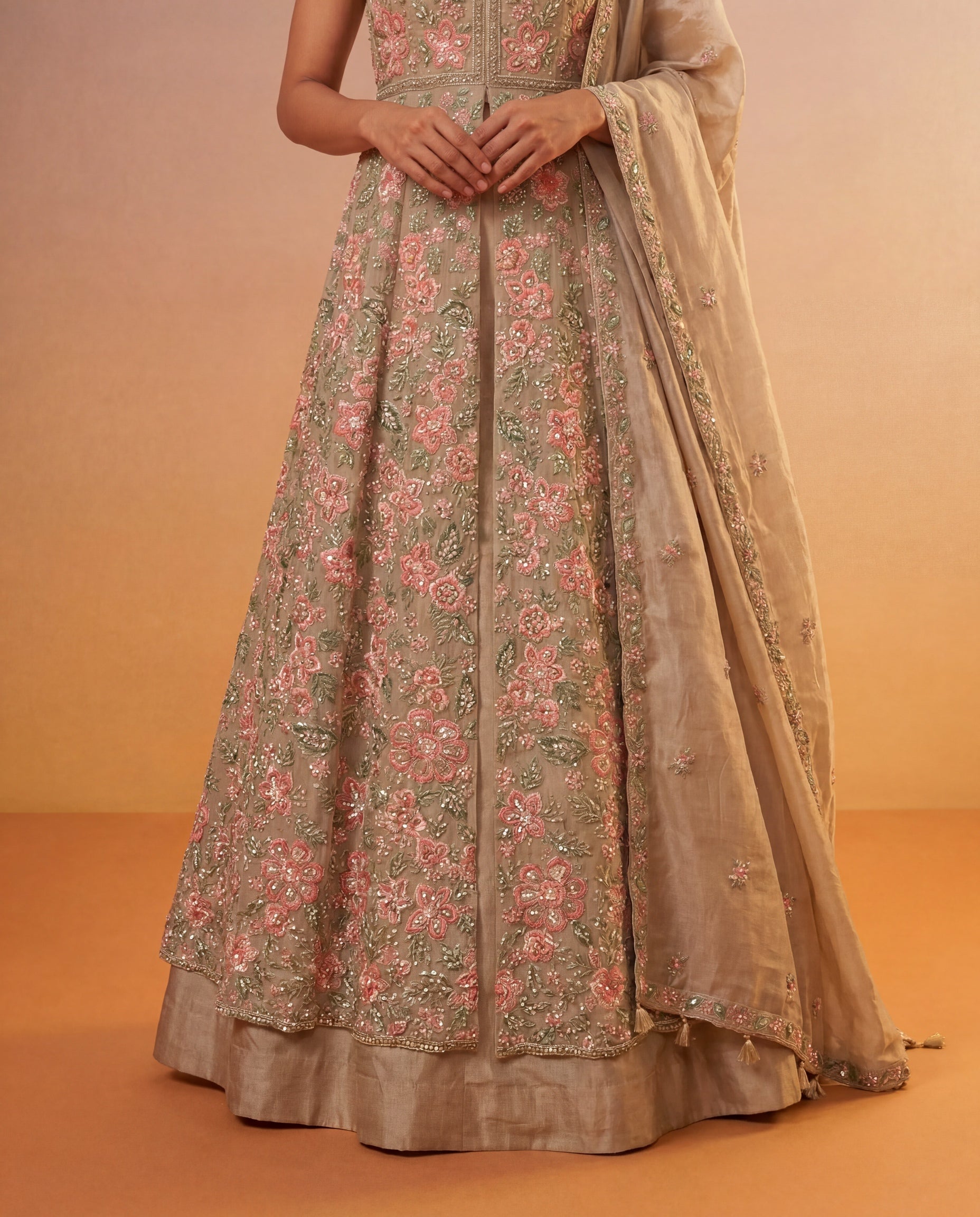 Champagne Beige Tissue Silk Indo-Western Lehenga