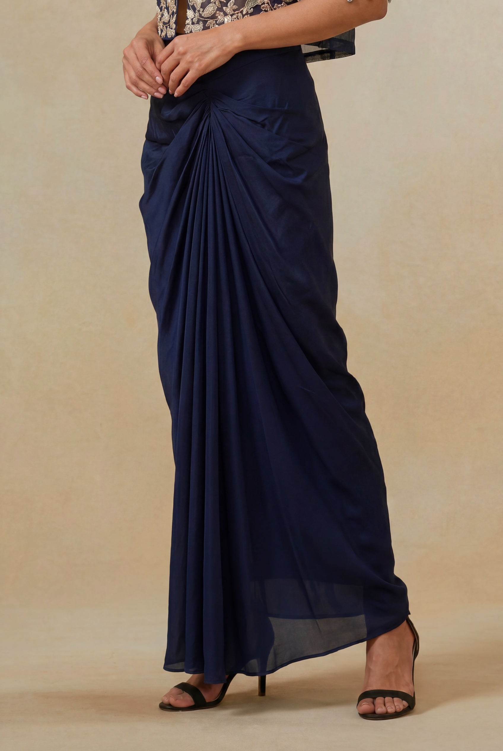 Navy Blue Embroidered Silk Indo-Western