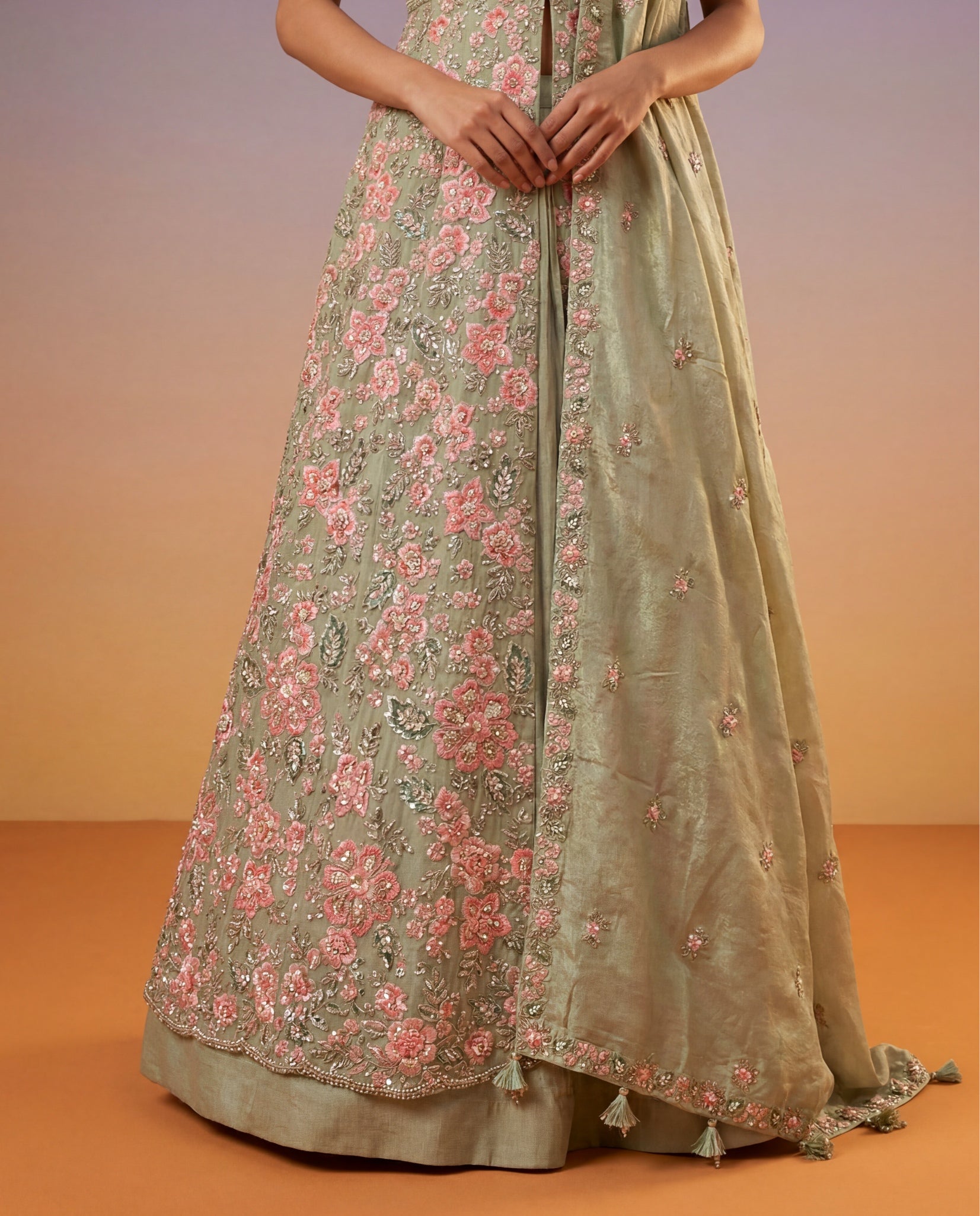 Sage Green Tissue Silk Indo-Western Lehenga