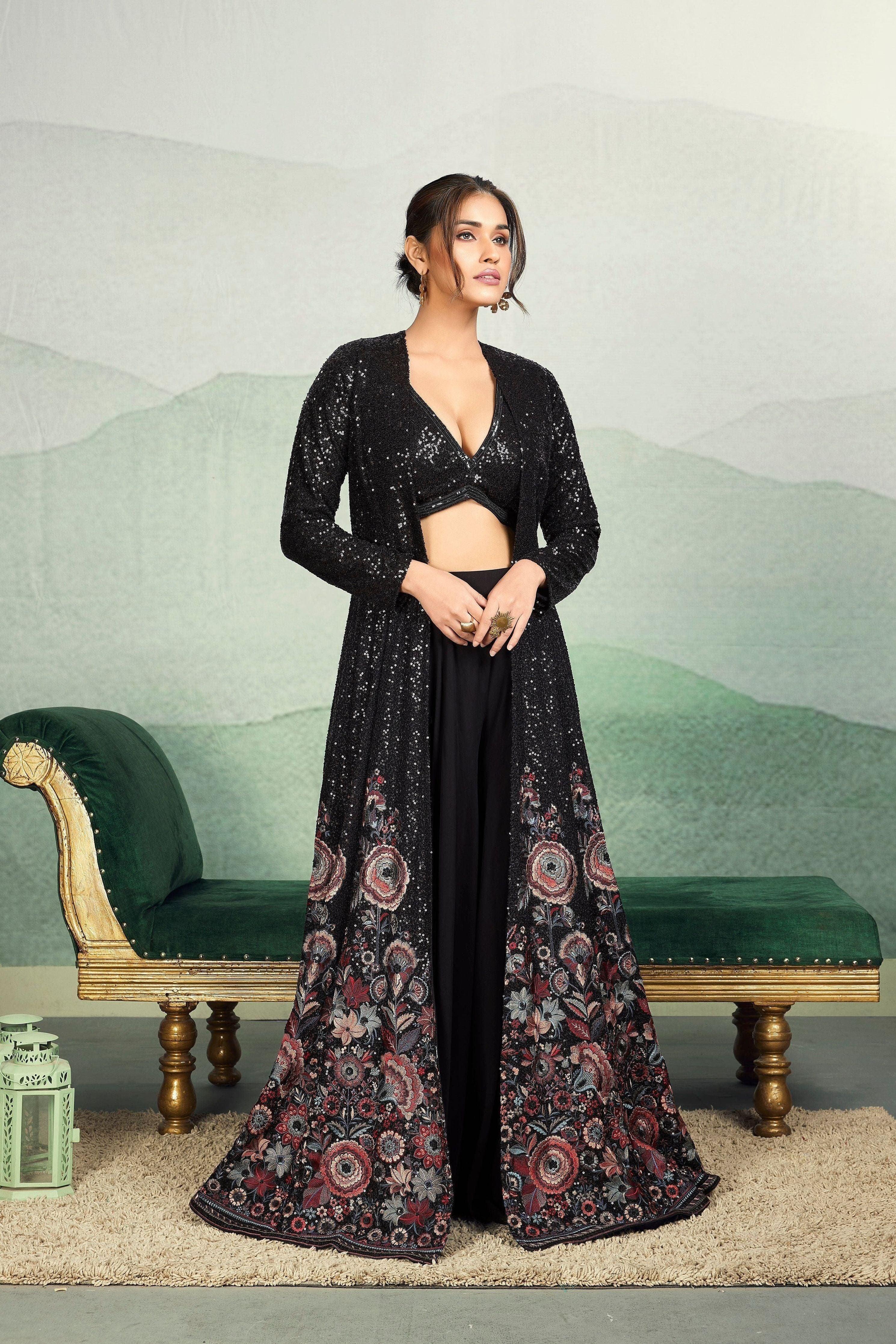 Black Georgette Indo-western Jacket Set - Mokshaa