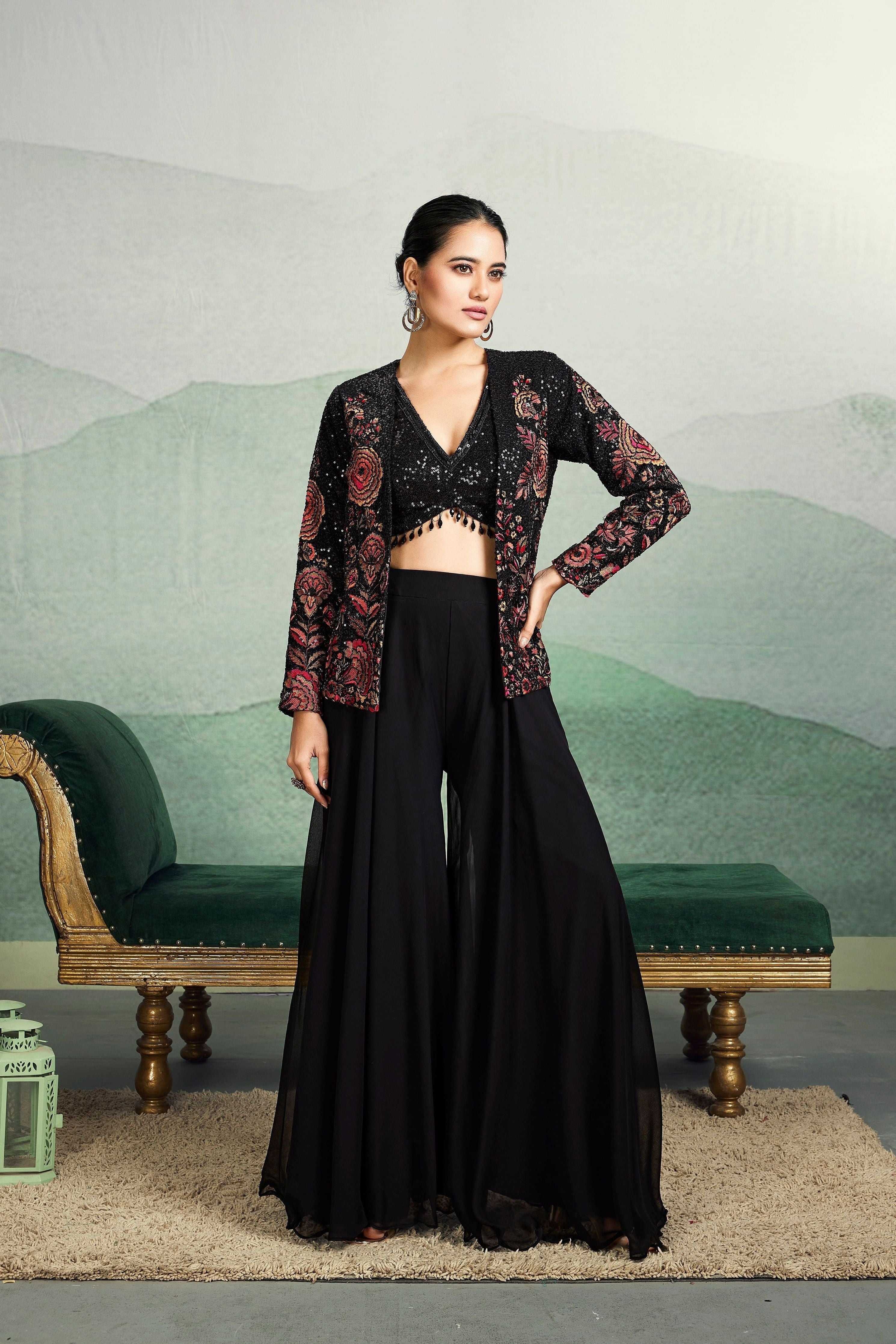 Black Embellished Georgette Silk Jacket Co-Ord Set - Mokshaa
