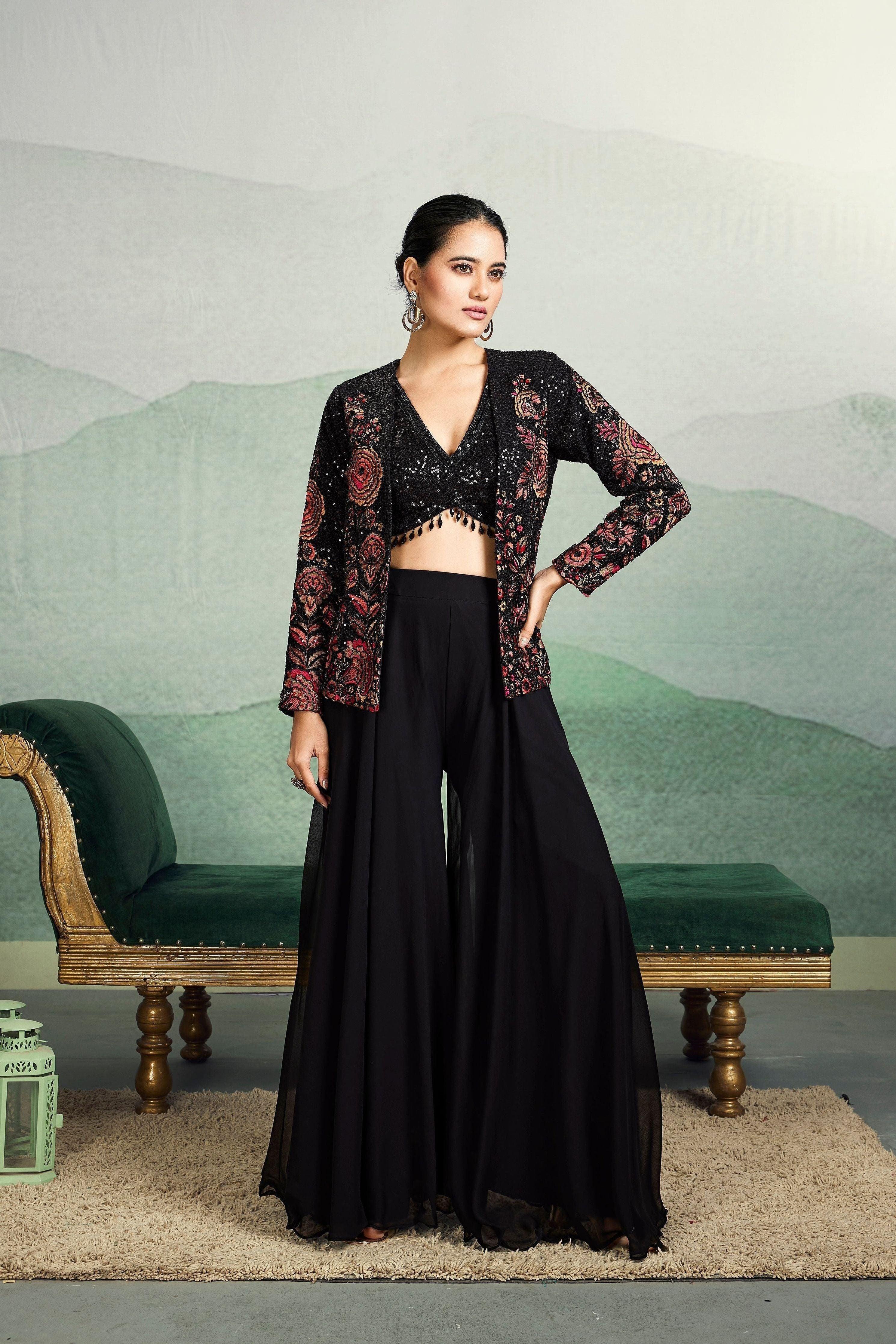 Black Embellished Georgette Silk Jacket Co-Ord Set - Mokshaa