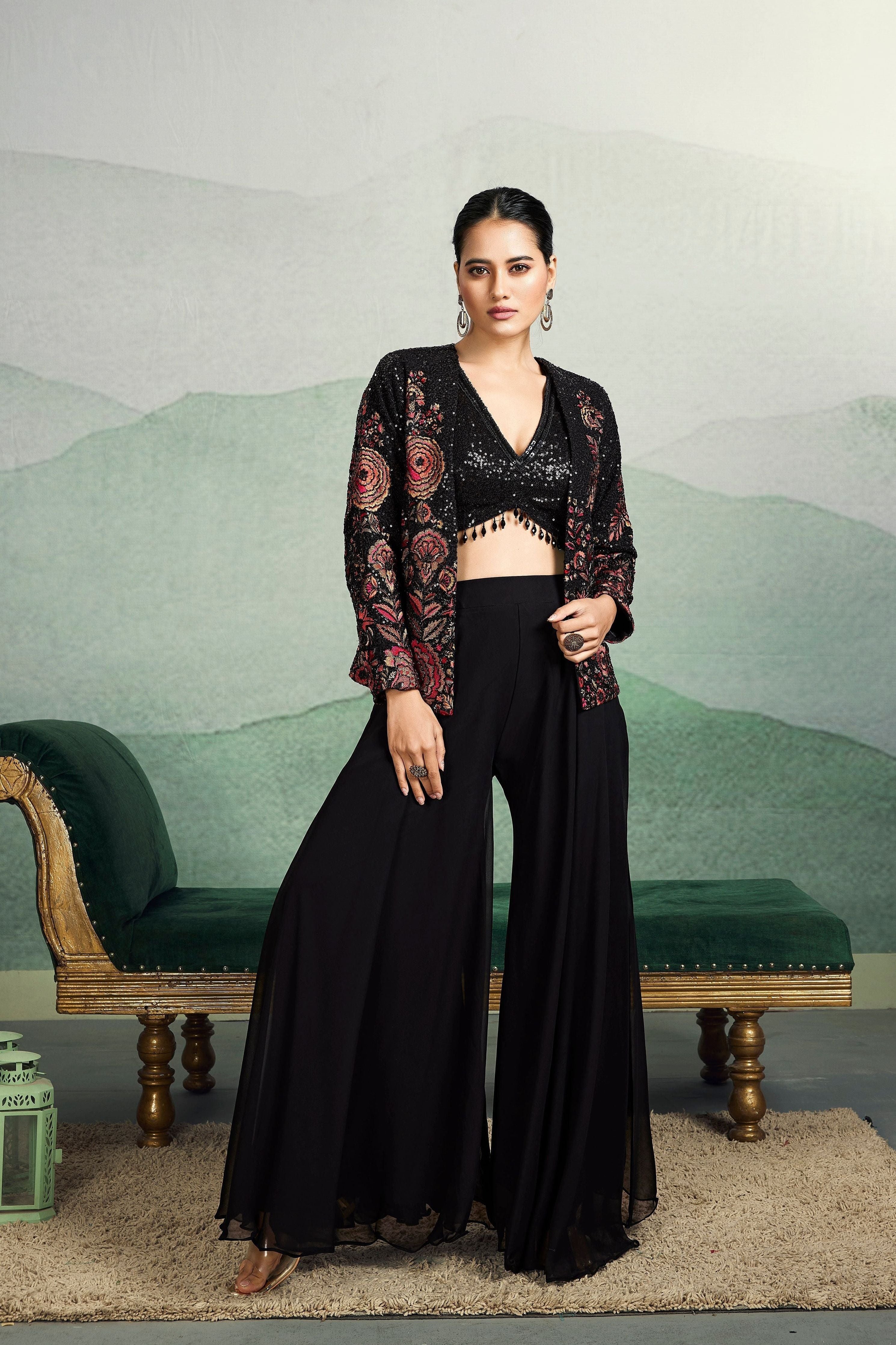 Black Embellished Georgette Silk Jacket Co-Ord Set - Mokshaa