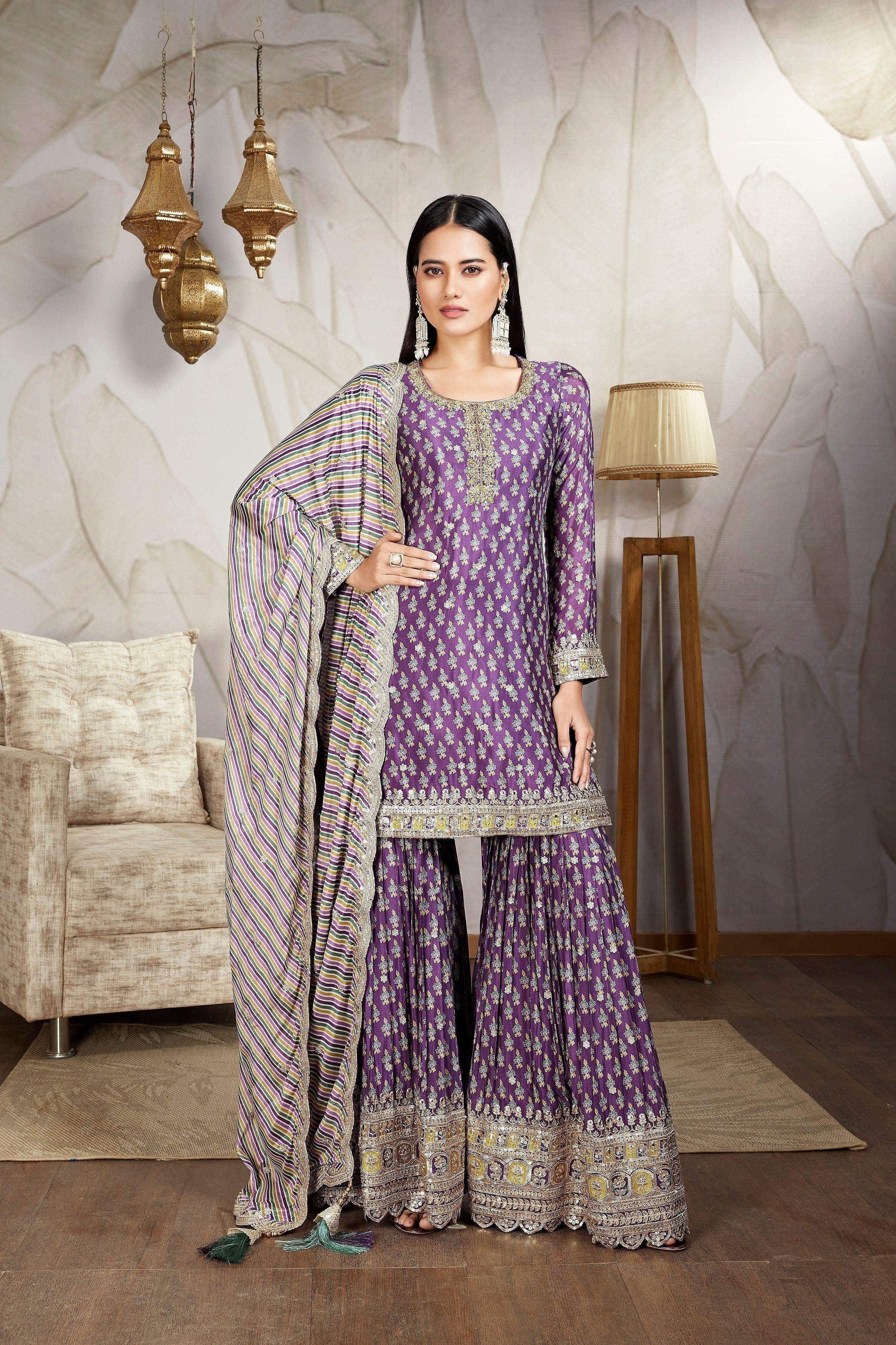 Purple Embellished Chinon Silk Sharara Set - Mokshaa