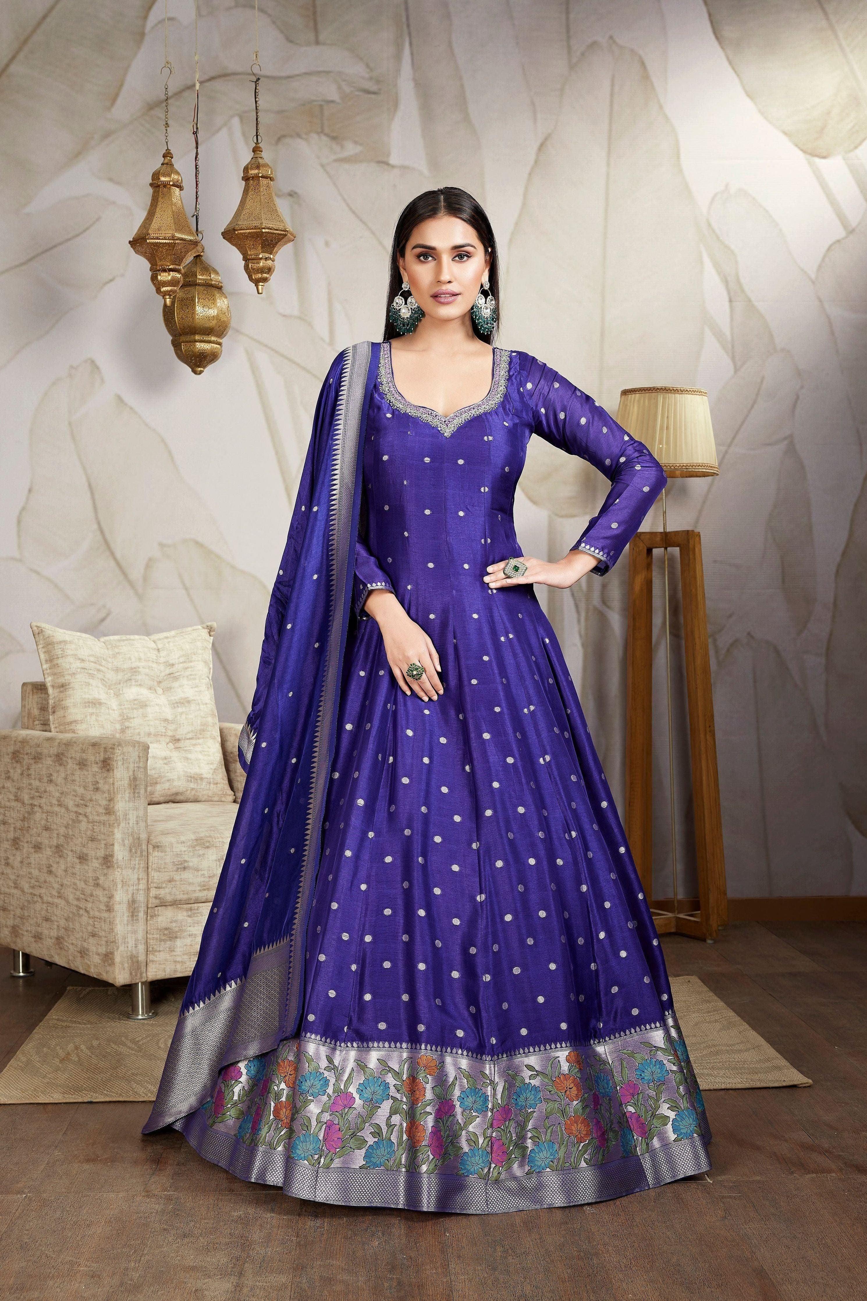 Deep Blue Floral Printed Raw Silk Anarkali Set - Mokshaa