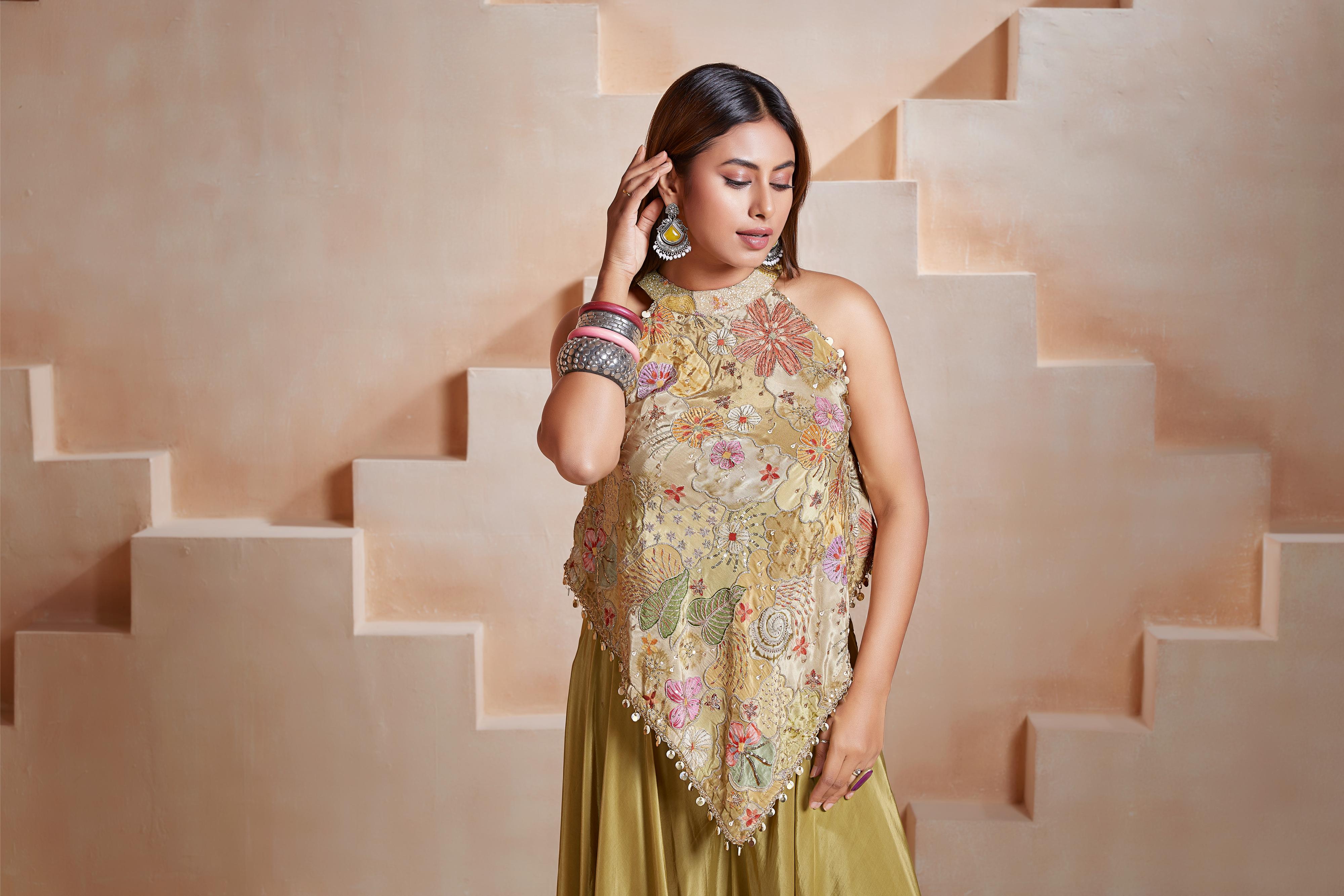 Olive Floral Cape Palazzo Set