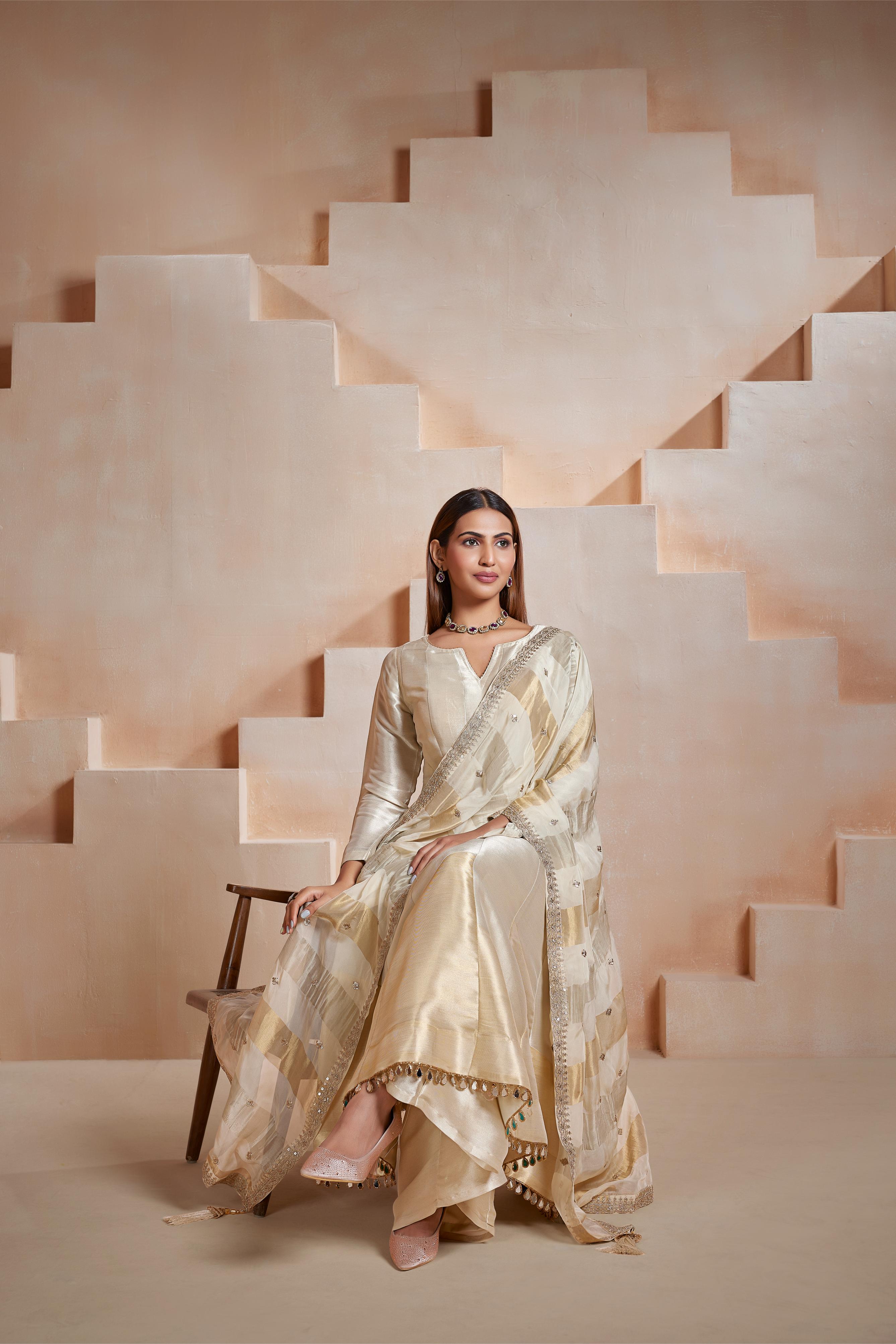 Ivory Gold Anarkali Palazzo Set