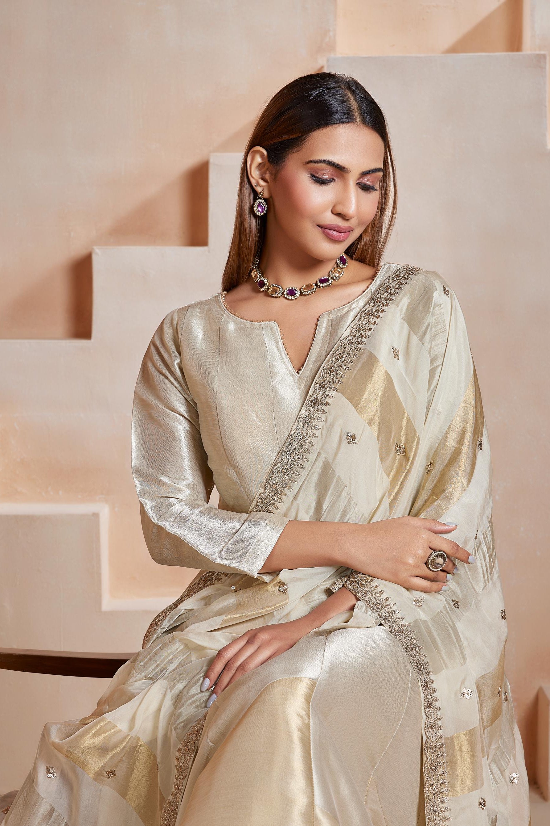 Ivory Gold Anarkali Palazzo Set