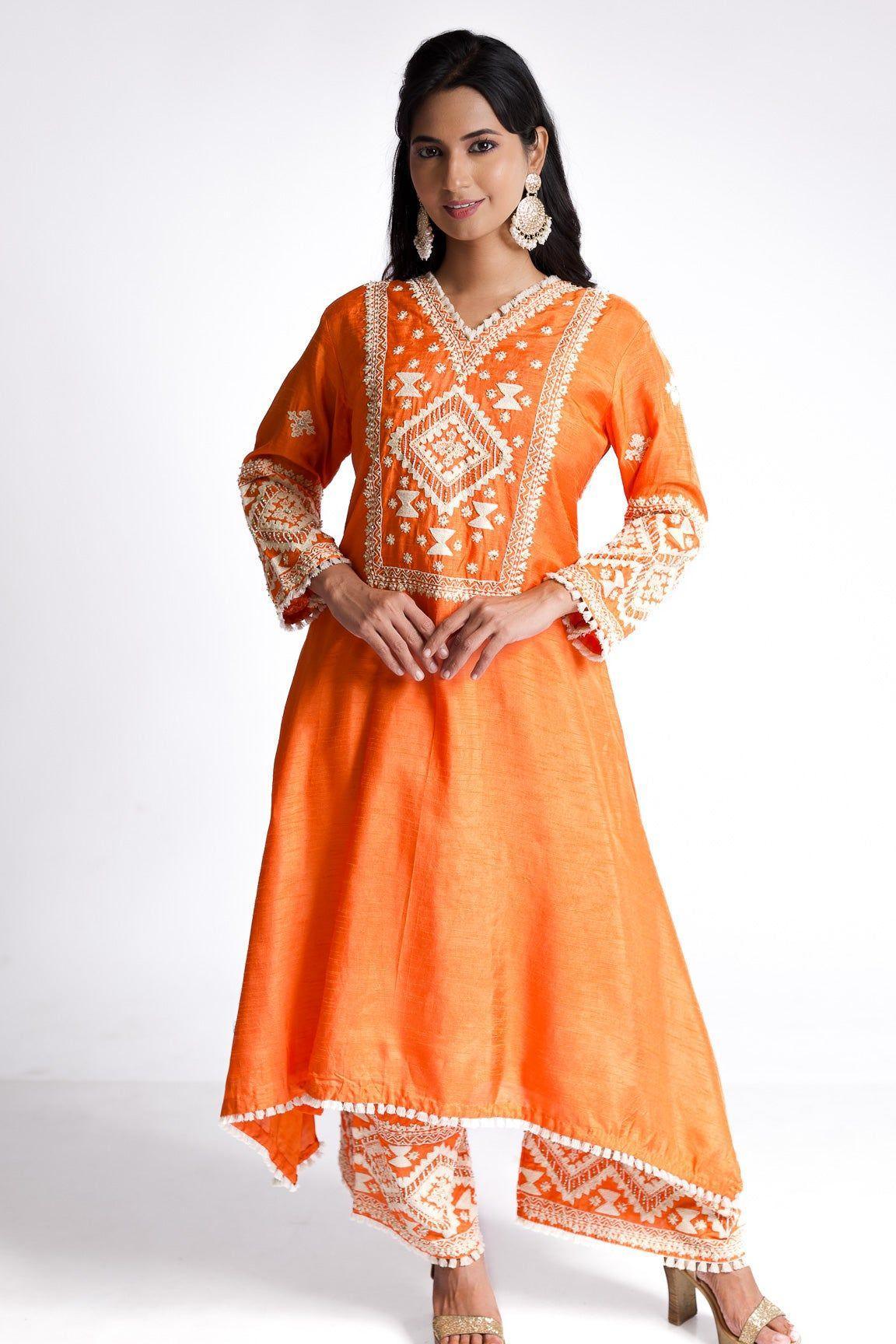 Tangerine silk kurti set - Mokshaa