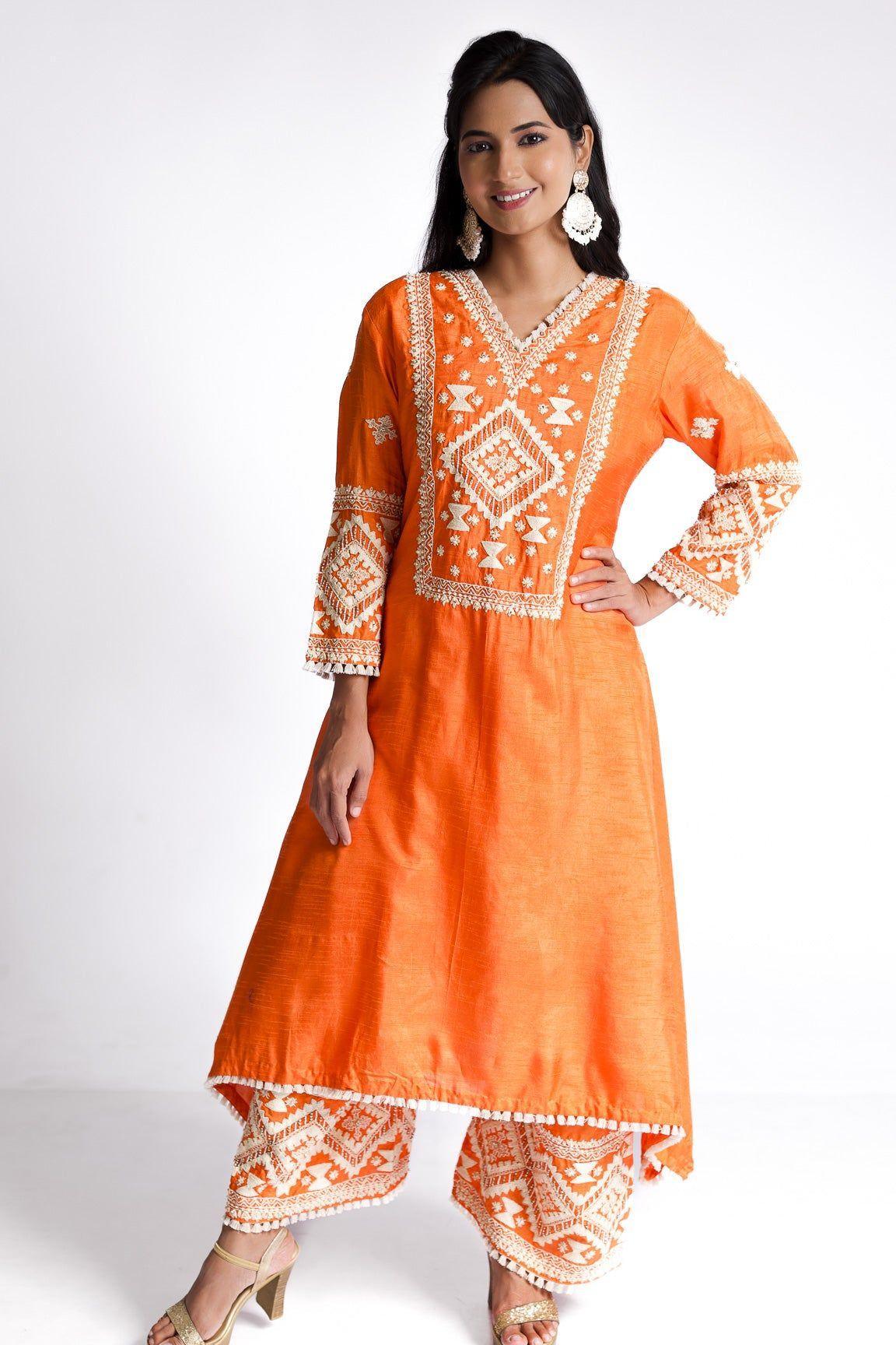 Tangerine silk kurti set - Mokshaa
