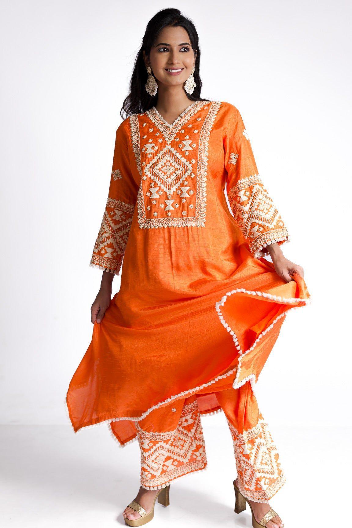 Tangerine silk kurti set - Mokshaa