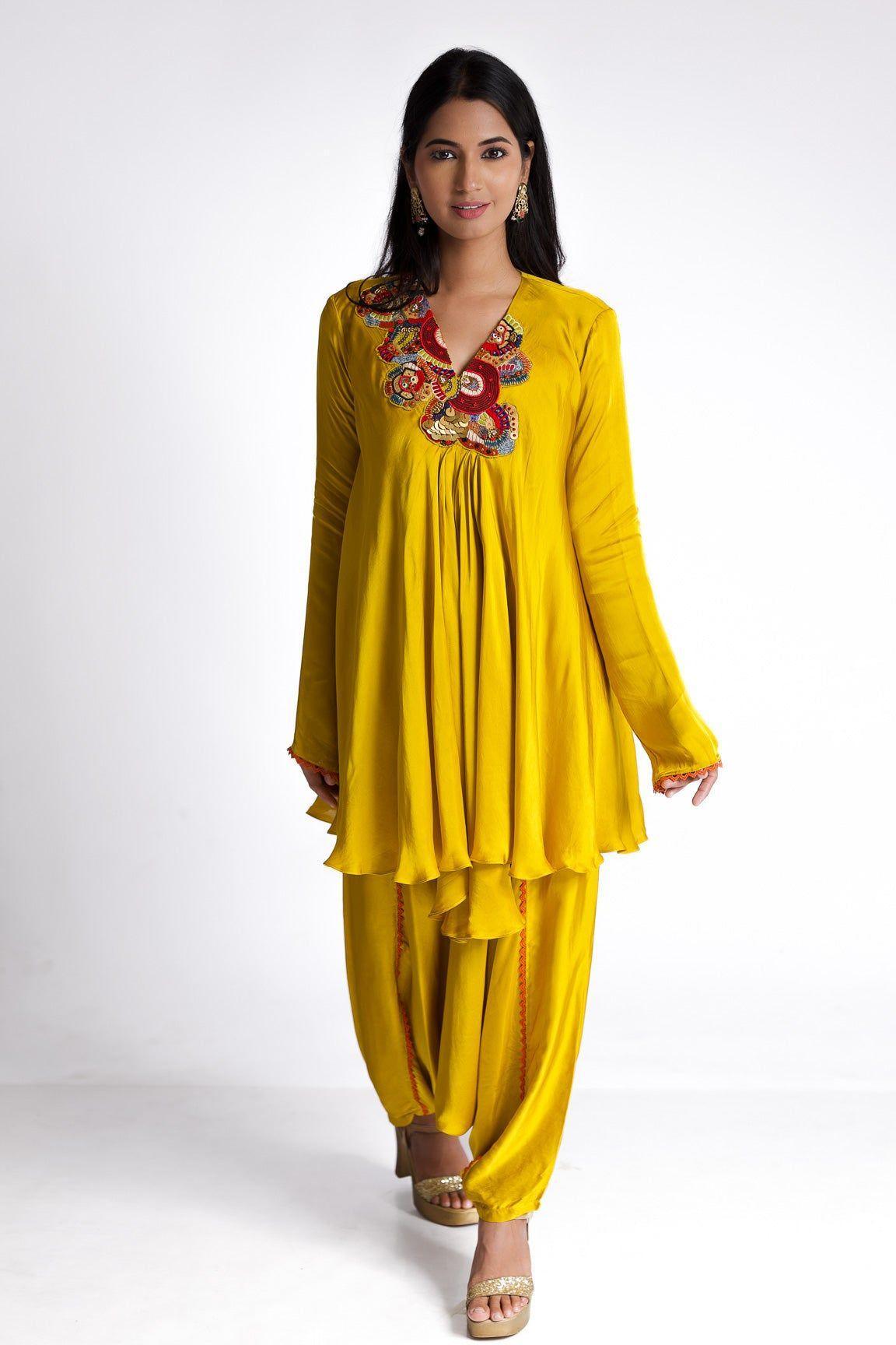 Yellow Satin silk Indowestern  Mokshaa