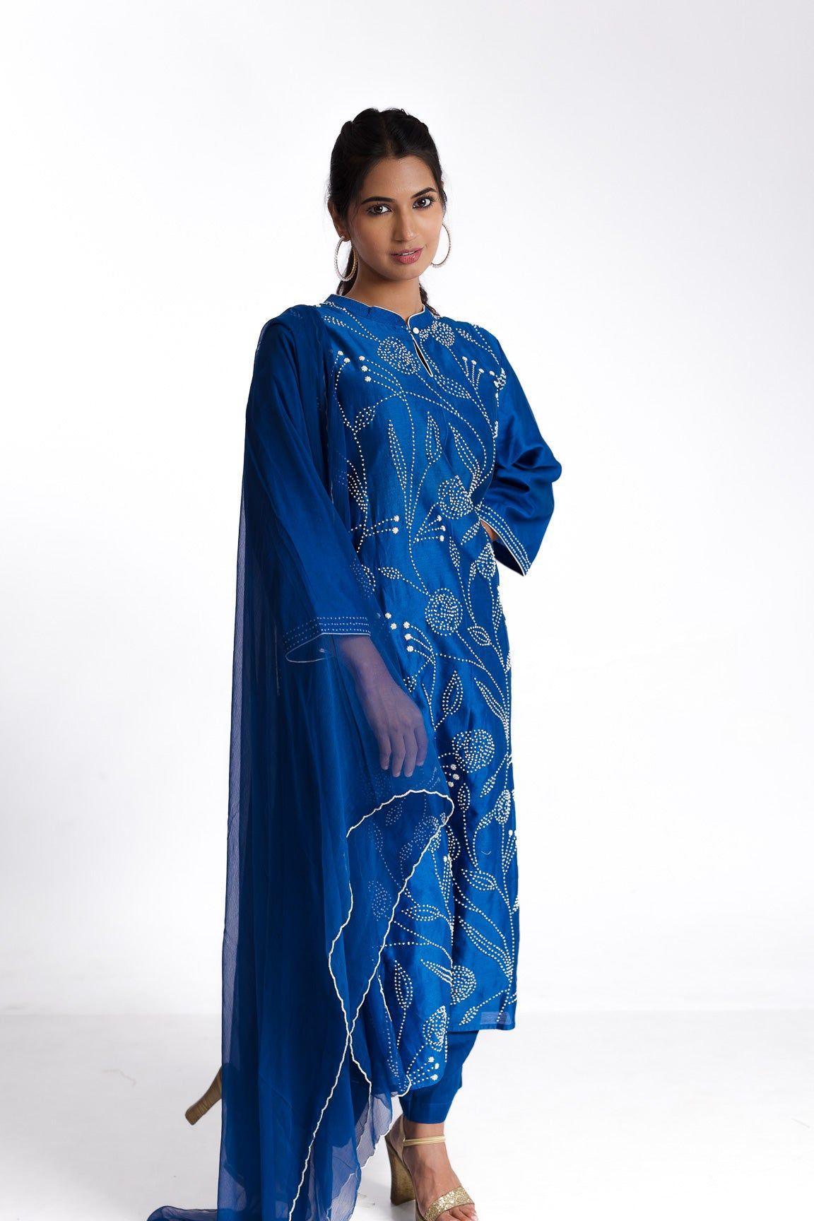Blue silk kurta set - Mokshaa