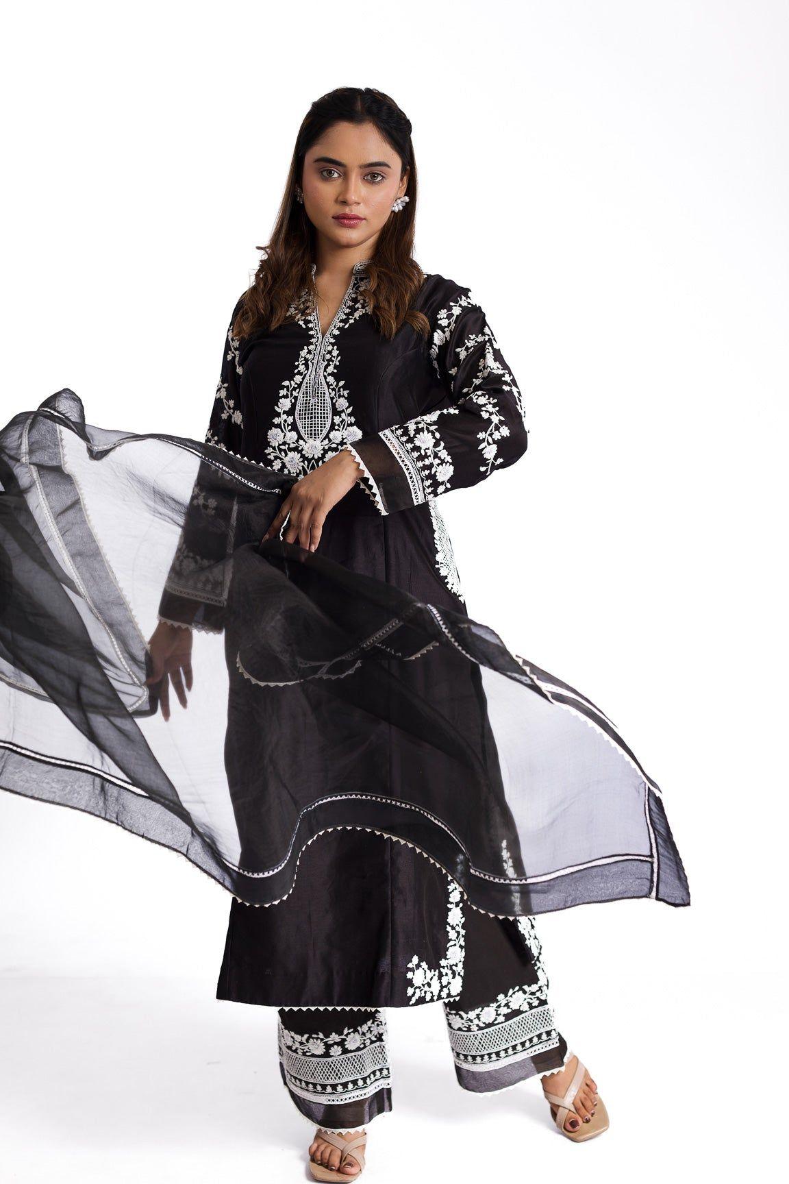 Black silk kurta set - Mokshaa
