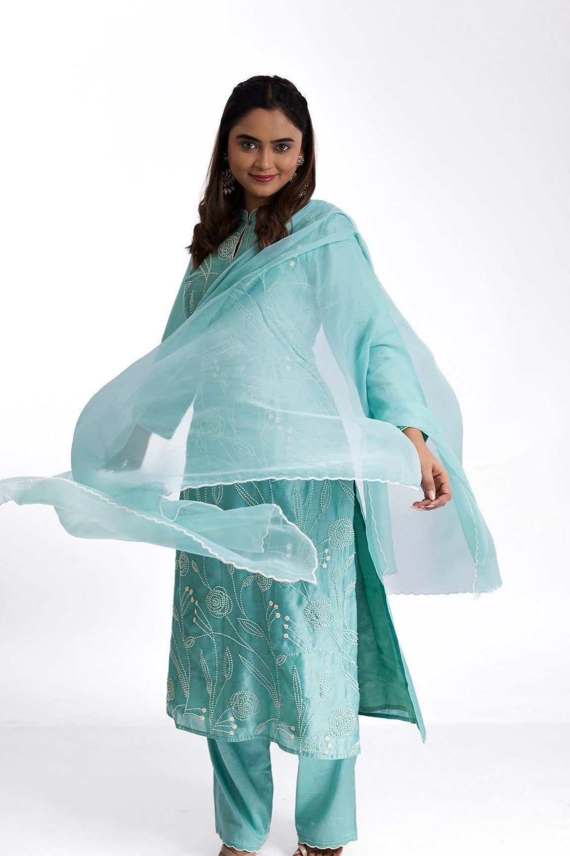 Mint green silk kurta set - Mokshaa