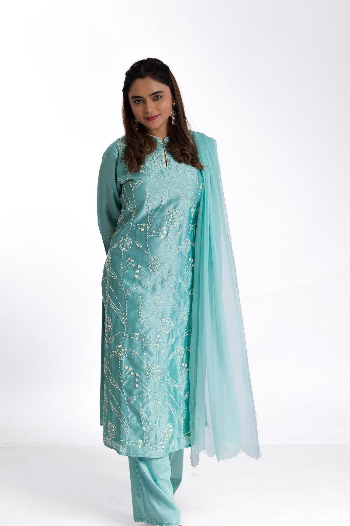 Mint green silk kurta set - Mokshaa