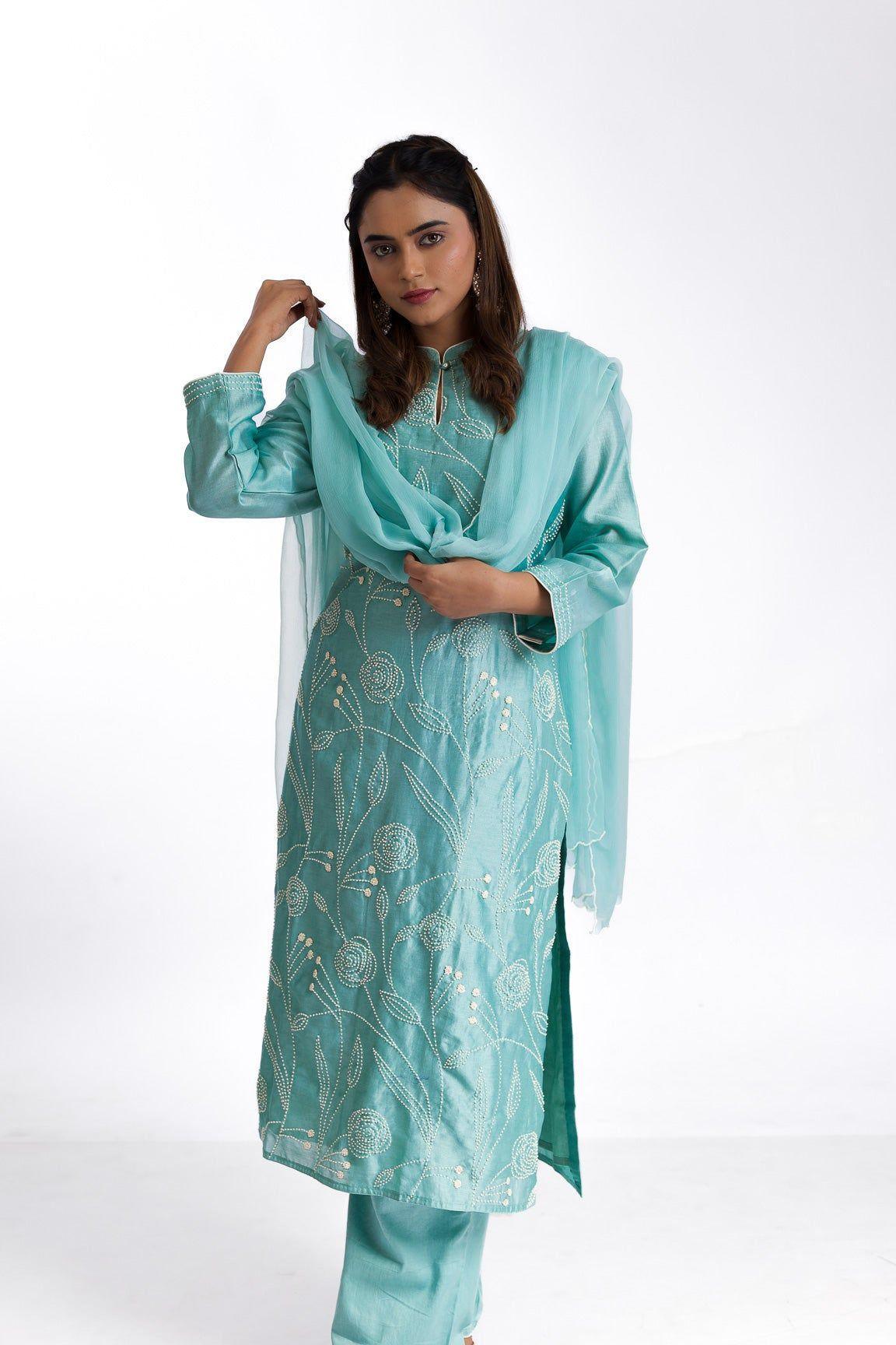 Mint green silk kurta set - Mokshaa