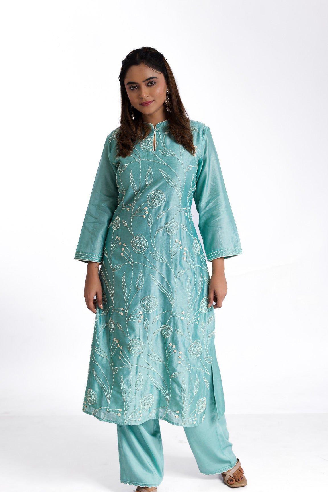 Mint green silk kurta set - Mokshaa