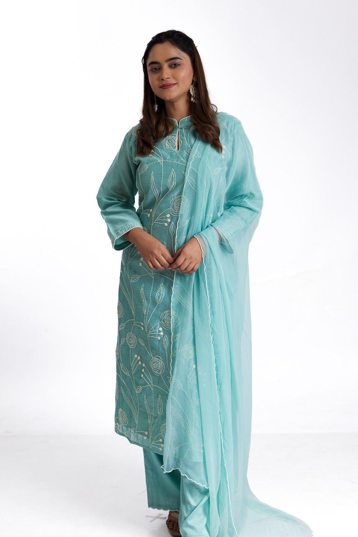 Mint green silk kurta set - Mokshaa