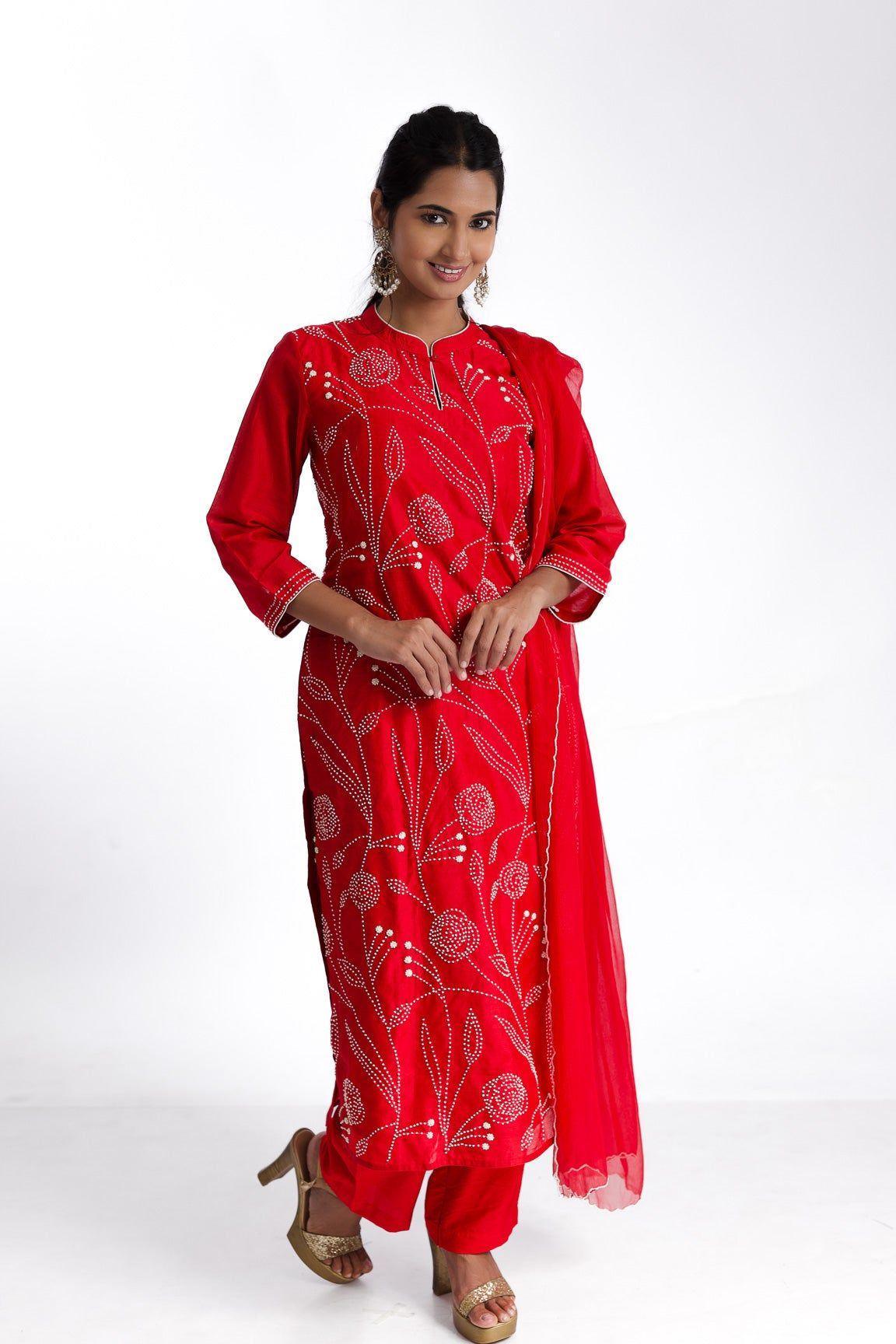 Red silk kurta set - Mokshaa