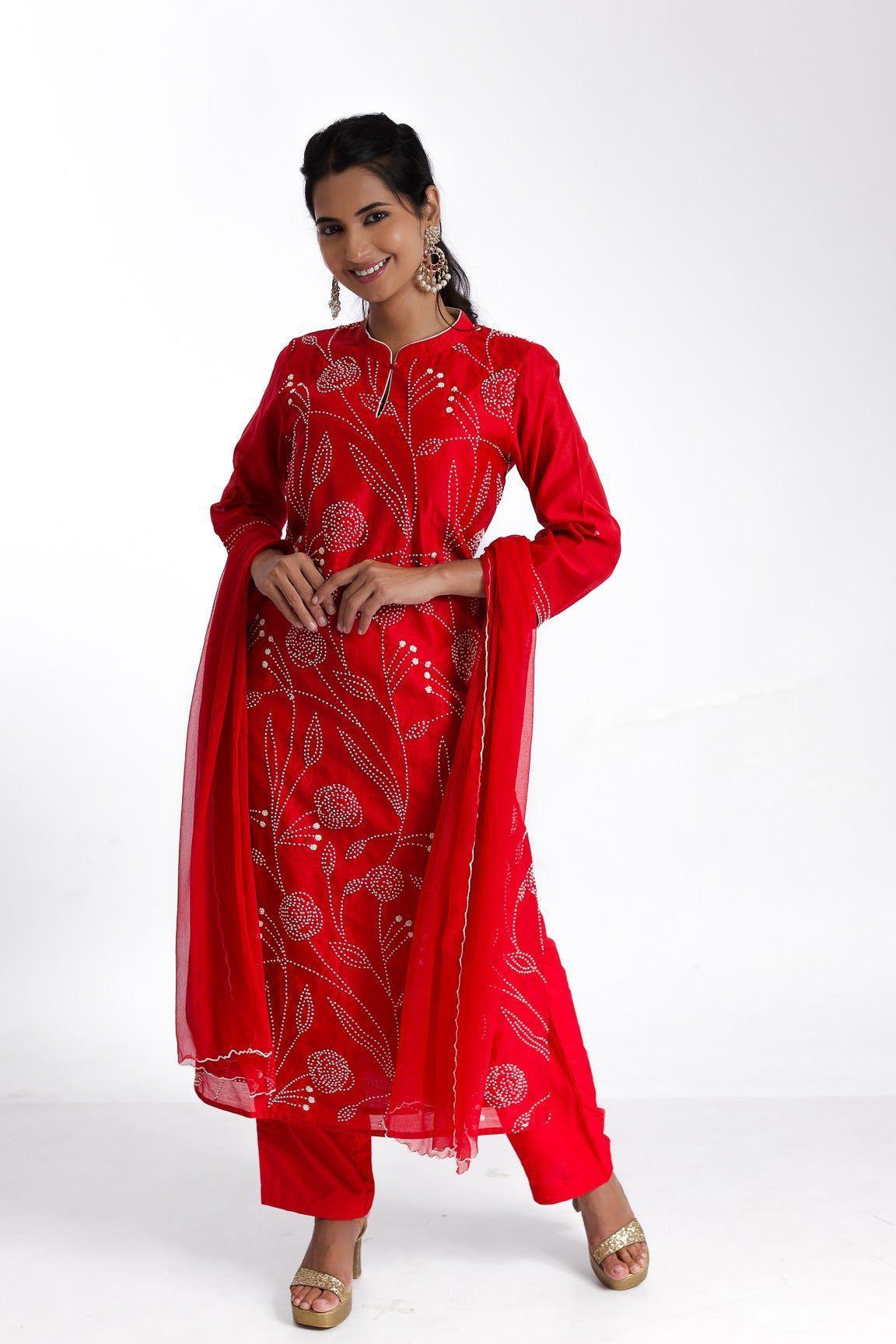 Red silk kurta set - Mokshaa
