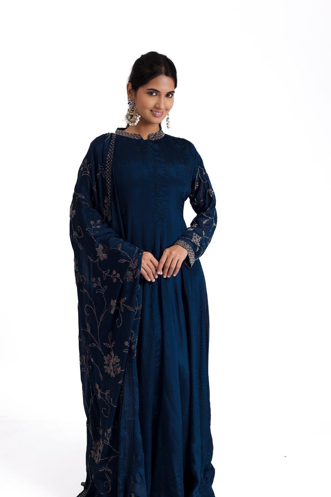 Midnight Blue Anarkali with Stone and Kutdana Embroidery 鈥�A Regal Ensemble - Mokshaa