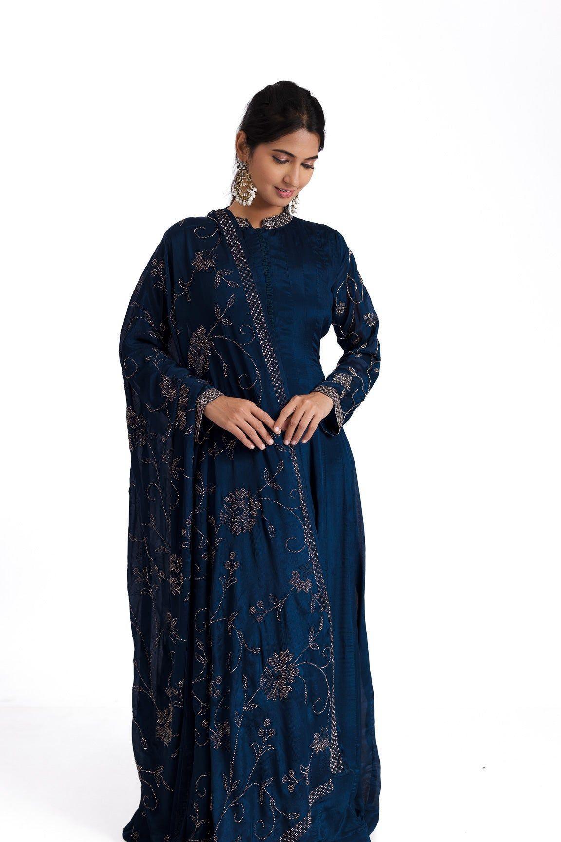 Midnight Blue Anarkali with Stone and Kutdana Embroidery 鈥�A Regal Ensemble - Mokshaa