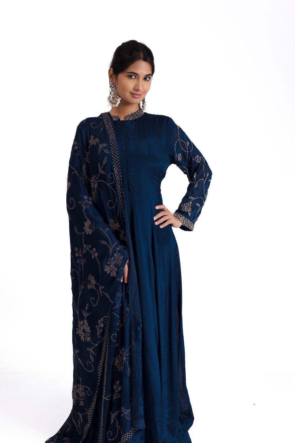 Midnight Blue Anarkali with Stone and Kutdana Embroidery 鈥�A Regal Ensemble - Mokshaa