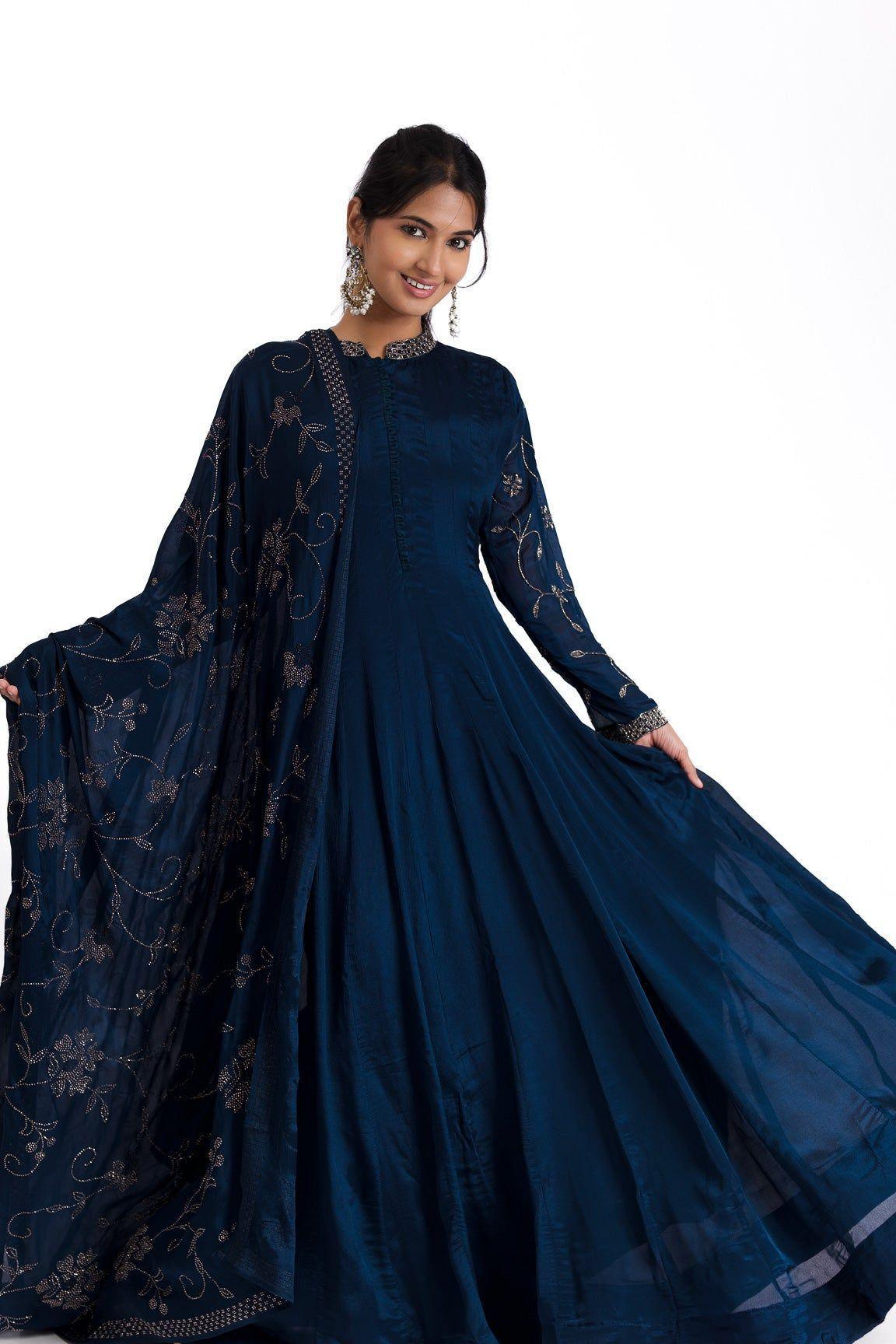 Midnight Blue Anarkali with Stone and Kutdana Embroidery 鈥�A Regal Ensemble - Mokshaa