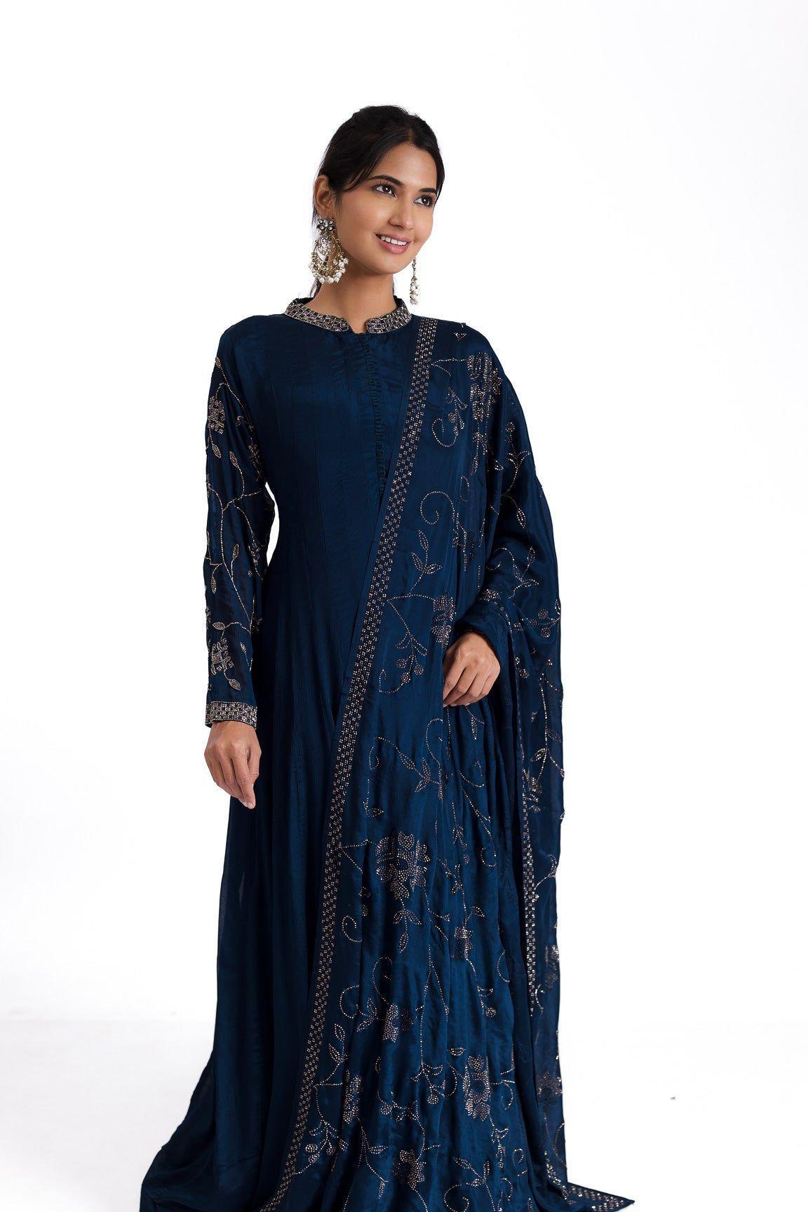 Midnight Blue Anarkali with Stone and Kutdana Embroidery 鈥�A Regal Ensemble - Mokshaa