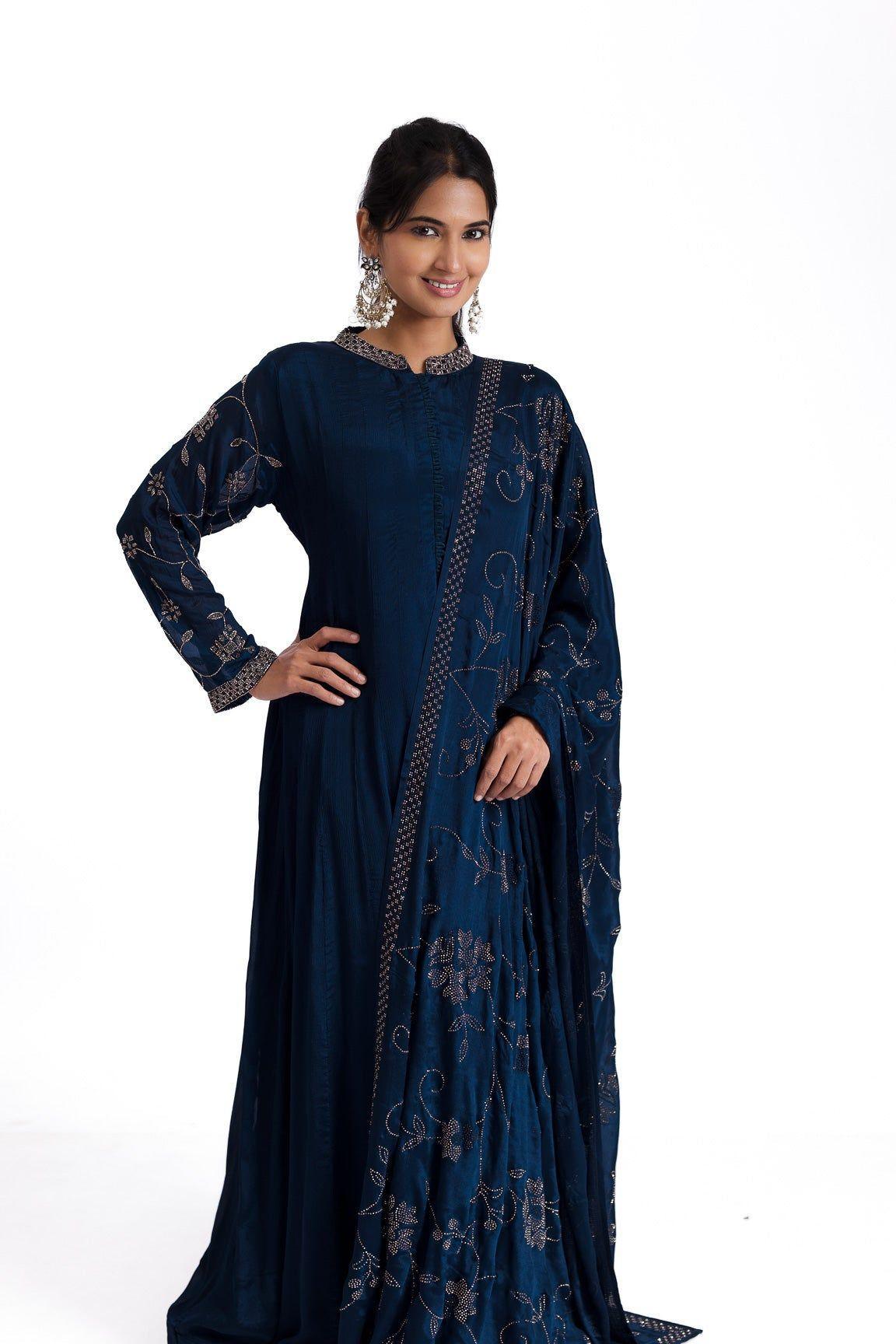 Midnight Blue Anarkali with Stone and Kutdana Embroidery 鈥�A Regal Ensemble - Mokshaa