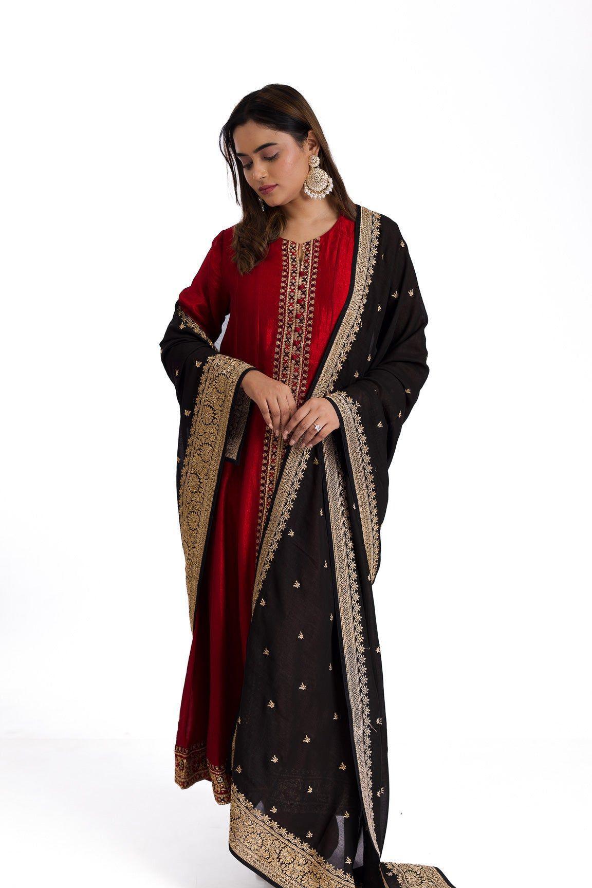 Opulent Ruby Red Silk Anarkali Suit Set with Blue Silk Dupatta - Mokshaa