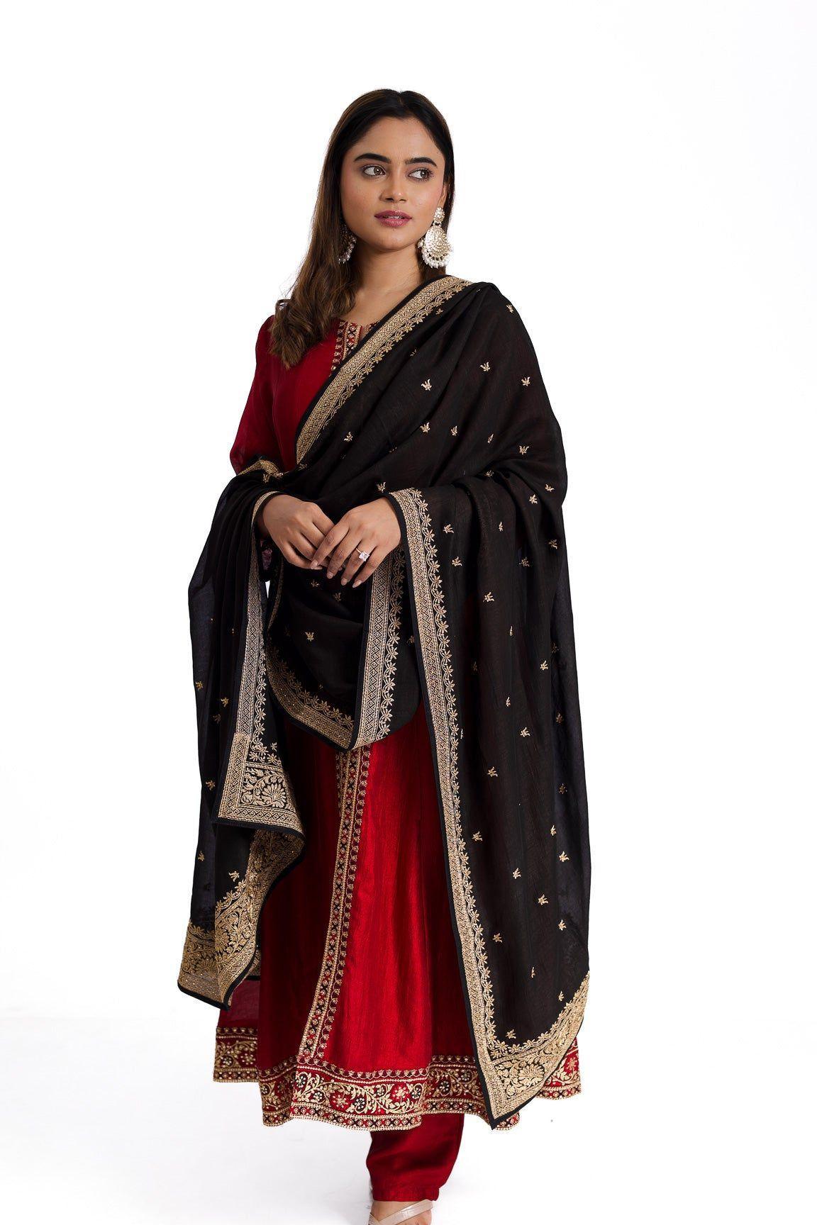 Opulent Ruby Red Silk Anarkali Suit Set with Blue Silk Dupatta - Mokshaa