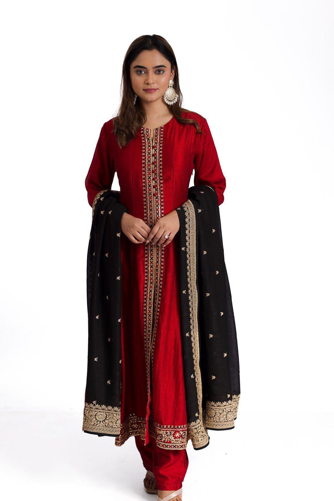 Opulent Ruby Red Silk Anarkali Suit Set with Blue Silk Dupatta - Mokshaa