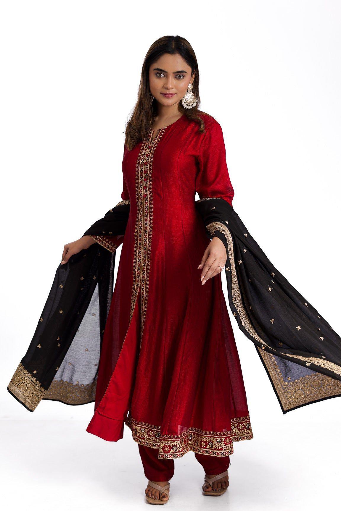 Opulent Ruby Red Silk Anarkali Suit Set with Blue Silk Dupatta - Mokshaa