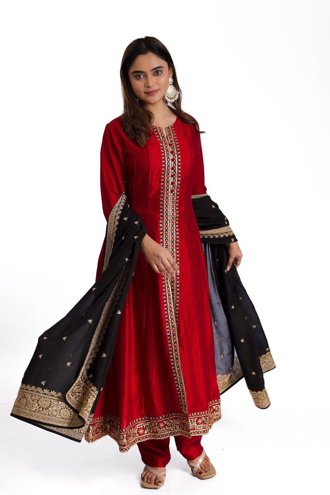 Opulent Ruby Red Silk Anarkali Suit Set with Blue Silk Dupatta - Mokshaa