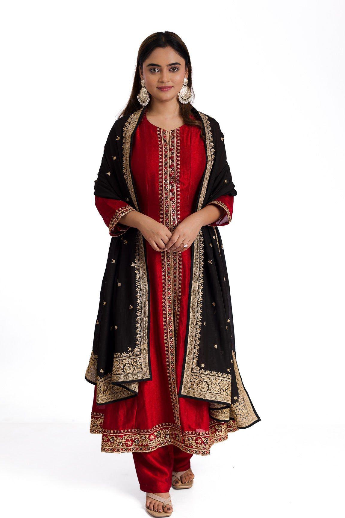 Opulent Ruby Red Silk Anarkali Suit Set with Blue Silk Dupatta - Mokshaa