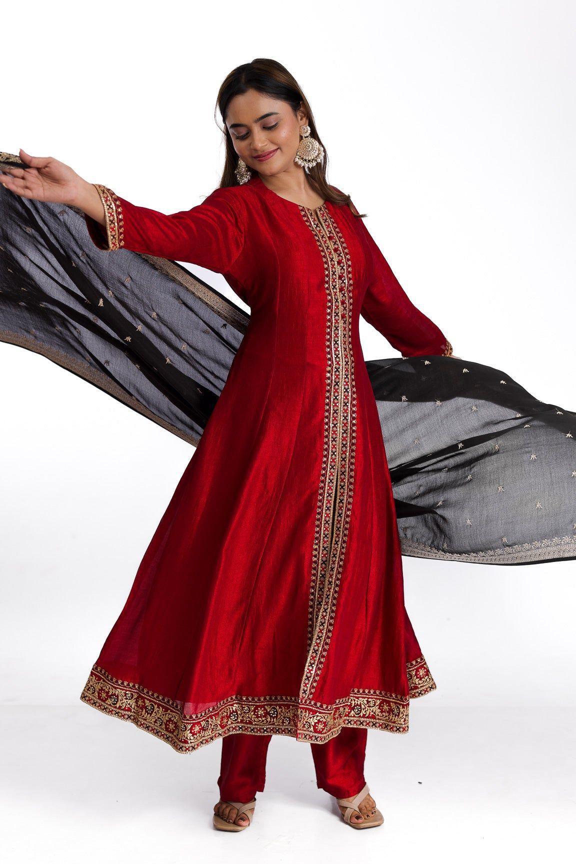 Opulent Ruby Red Silk Anarkali Suit Set with Blue Silk Dupatta - Mokshaa