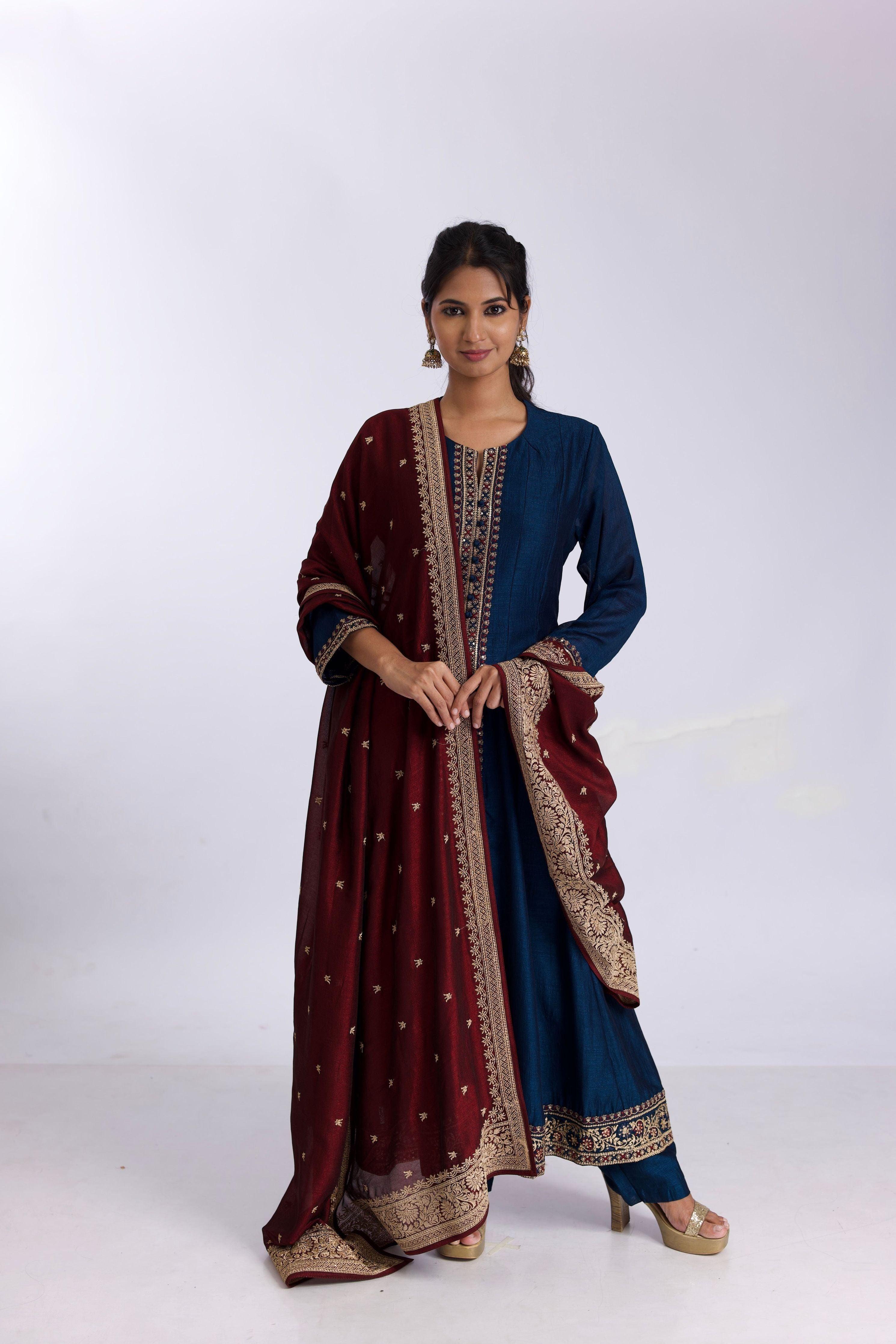 Royal Blue silk anarkali suit set with satin-silk dupatta - Mokshaa