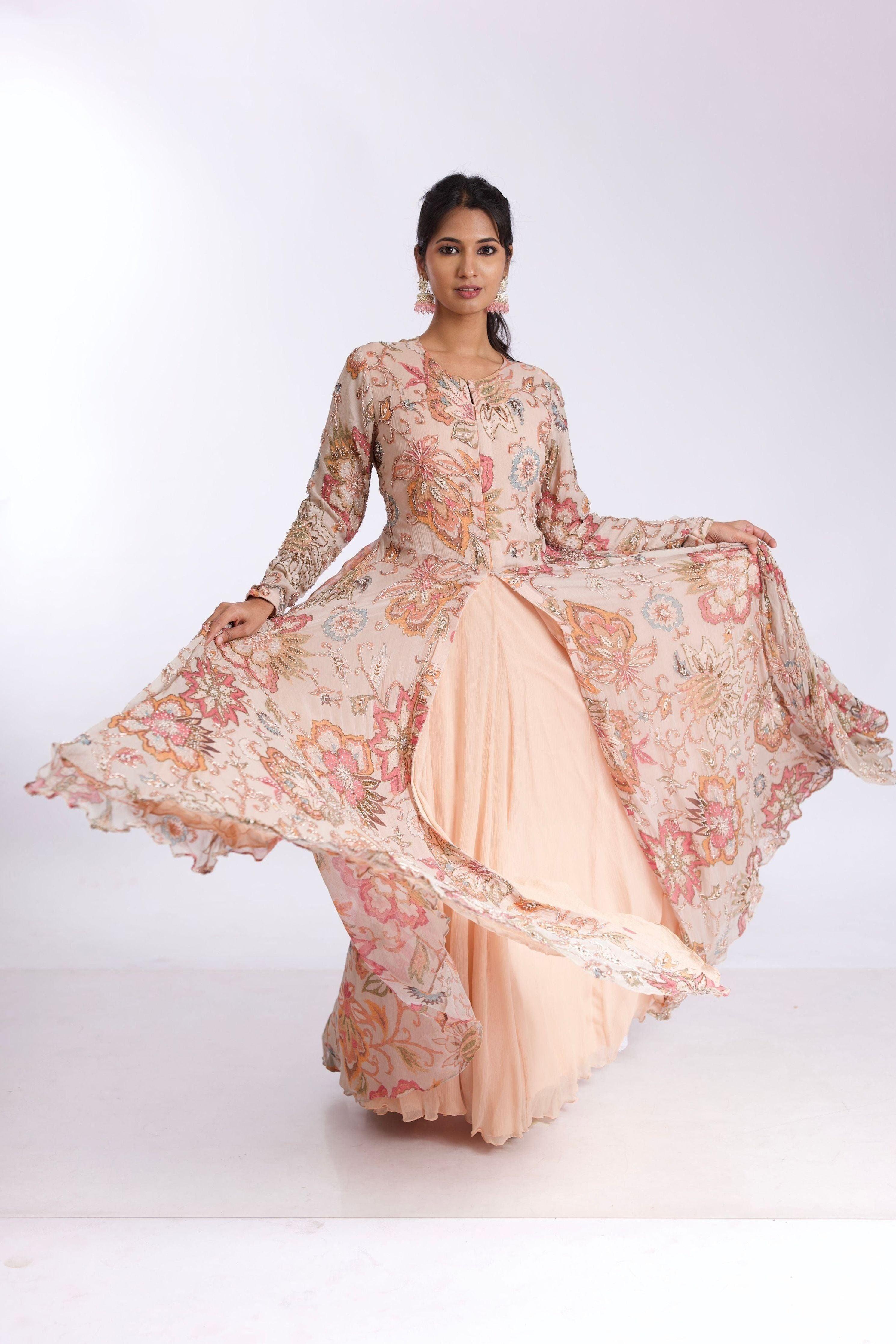 Cream Chiffon Embroidered Floral Print Long Dress 鈥�Exude Elegance and Charm - Mokshaa