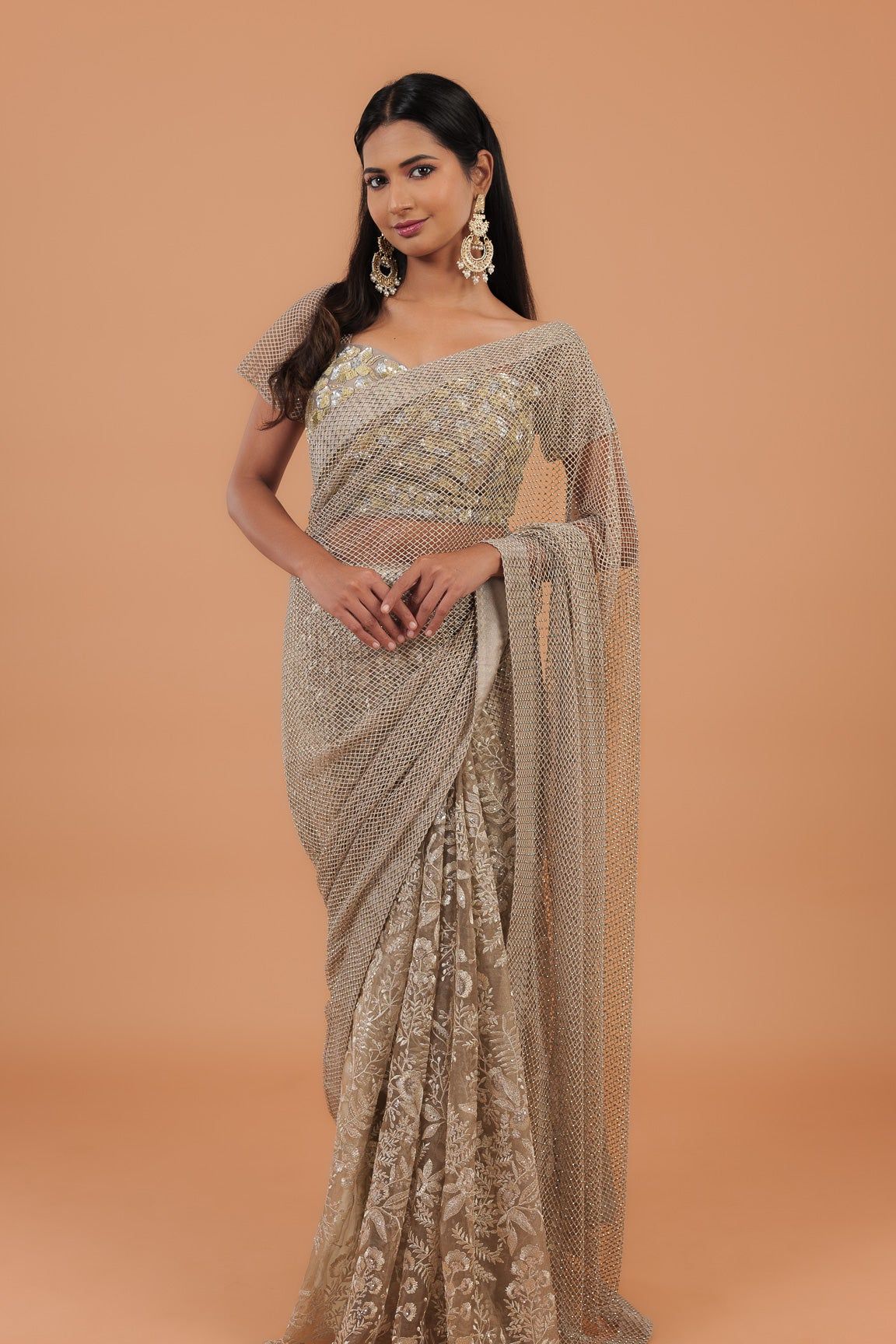 Dusty Net Half And Half Saree - Mokshaa