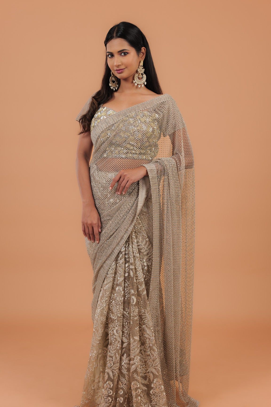 Dusty Net Half And Half Saree - Mokshaa