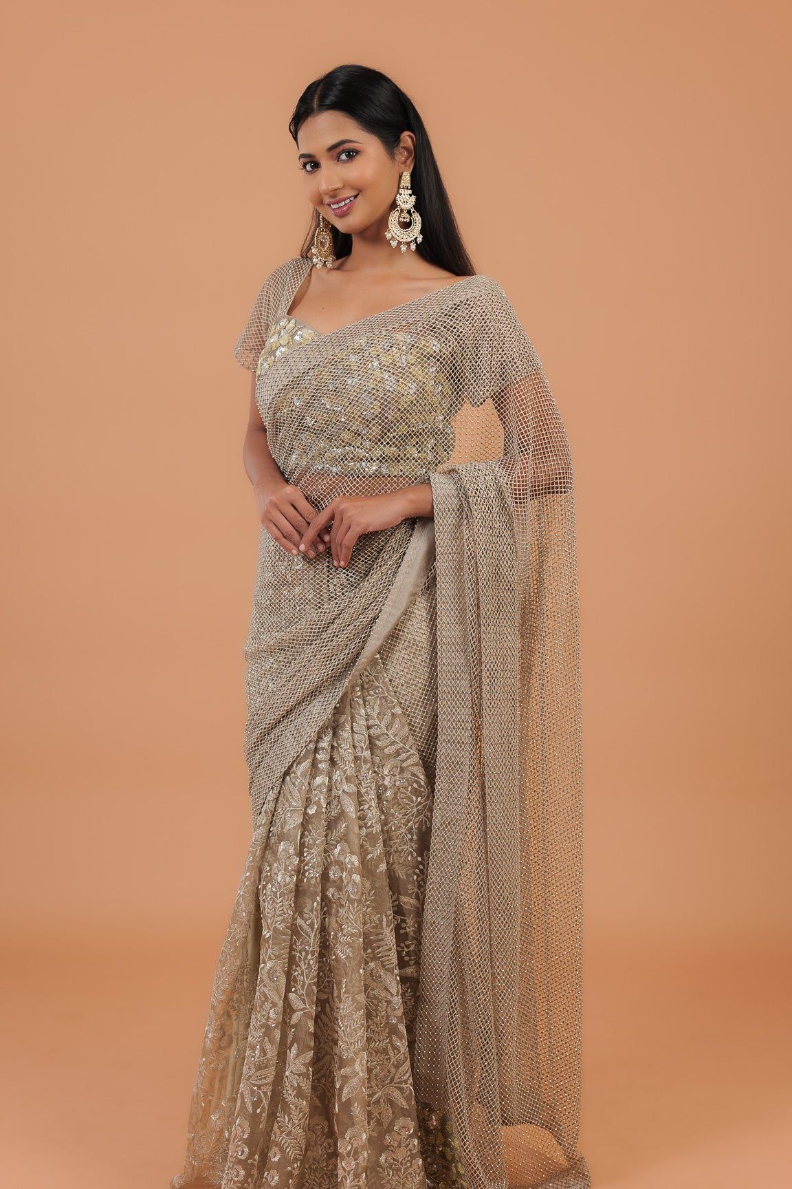 Dusty Net Half And Half Saree - Mokshaa
