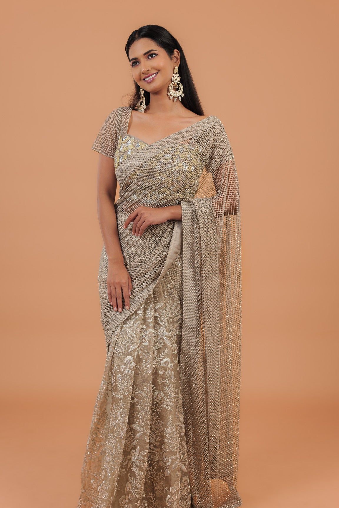 Dusty Net Half And Half Saree - Mokshaa