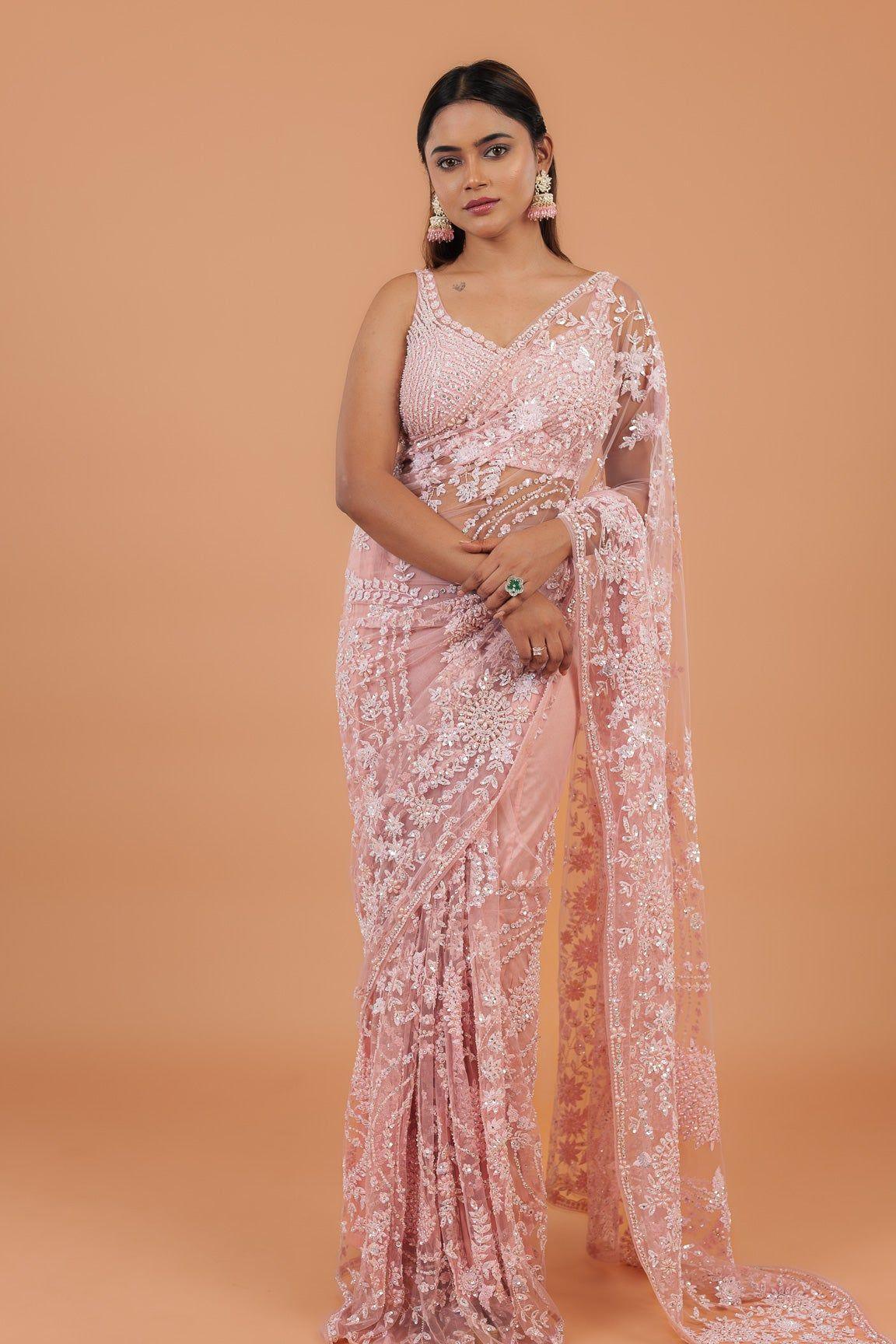 Pink Net Saree - Mokshaa