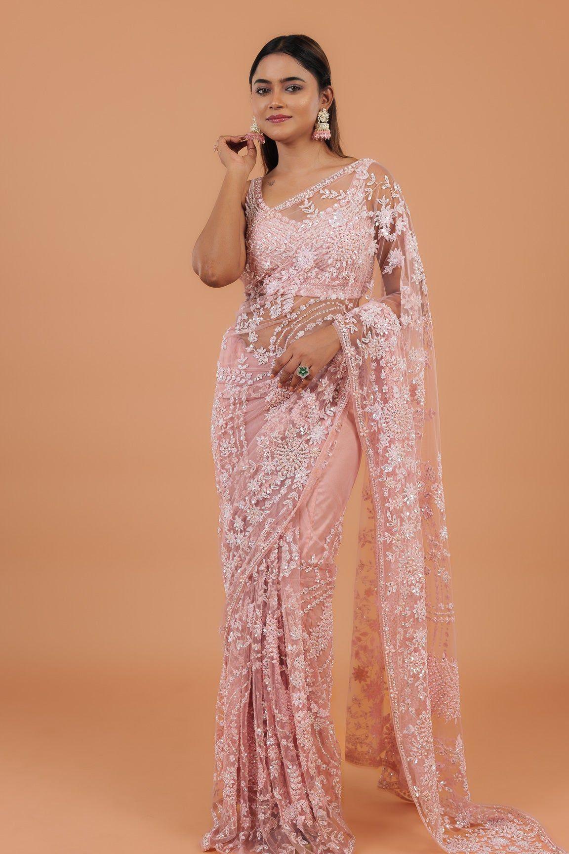 Pink Net Saree - Mokshaa